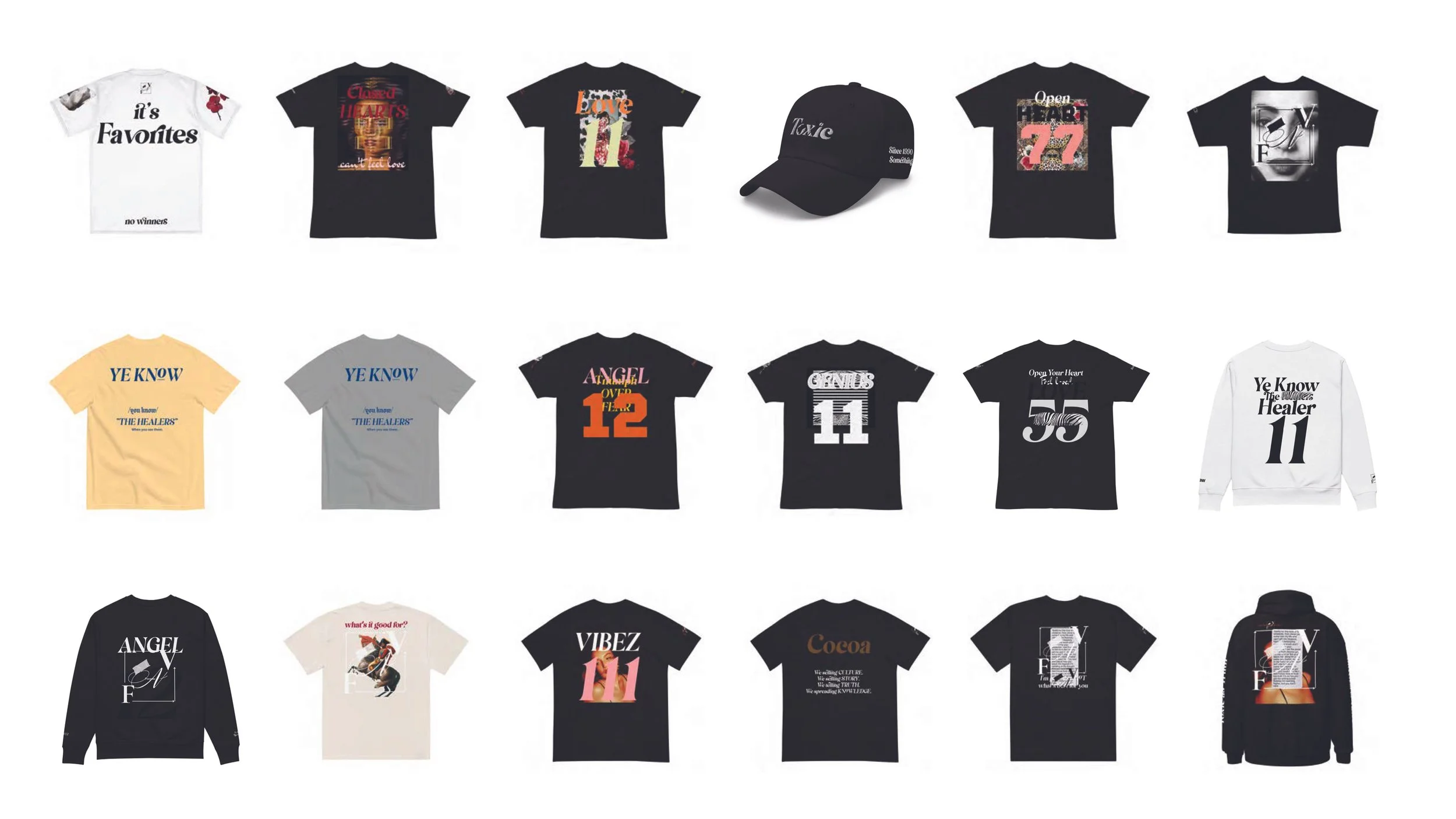 Collection of 17 clothing items, including T-shirts, sweatshirts, and a cap, with various graphic designs and text, displayed in three rows.