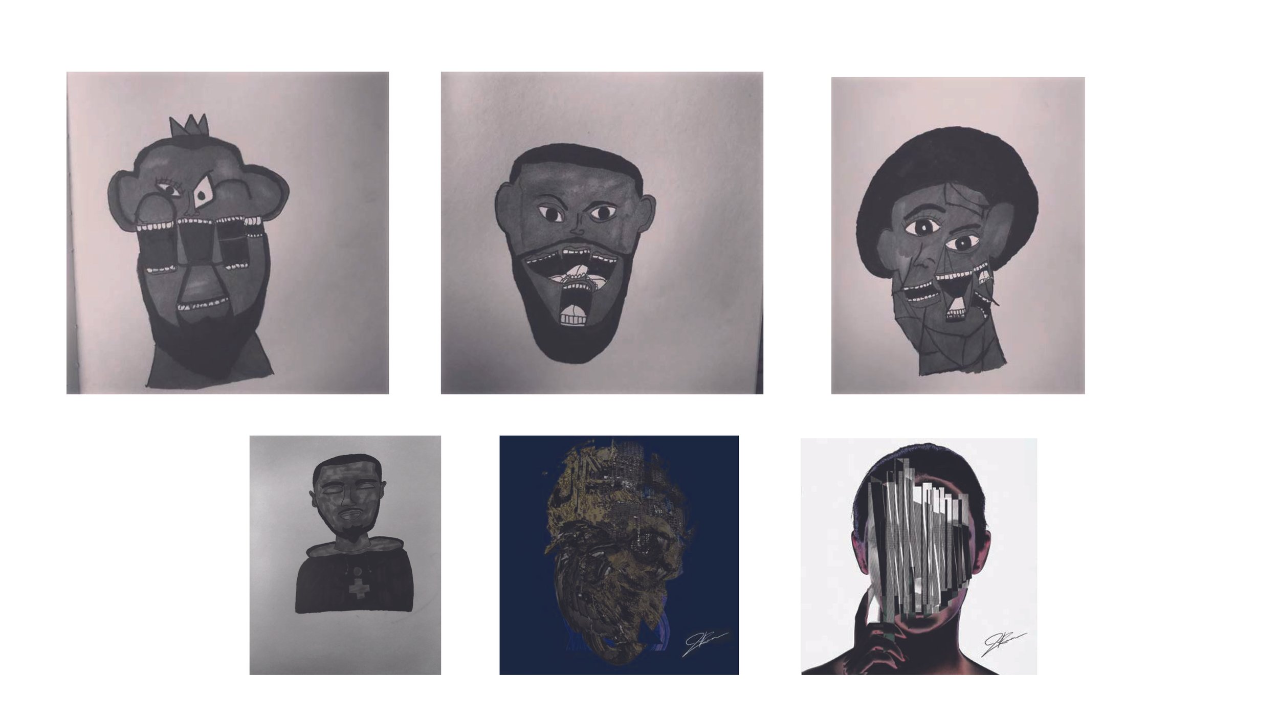 Six abstract portrait artworks, five with exaggerated facial features, one with a face obscured by vertical bars, and one of a man with sunglasses.