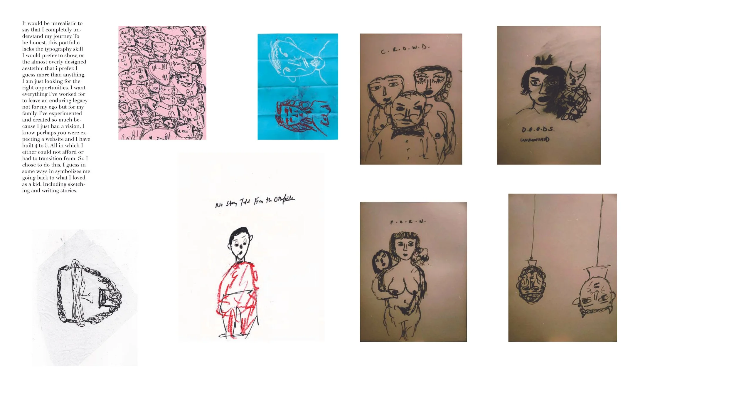 A collage of hand-drawn sketches and notes, including various portrait and character illustrations, with some text and colored elements, arranged beside a paragraph of textual writing.