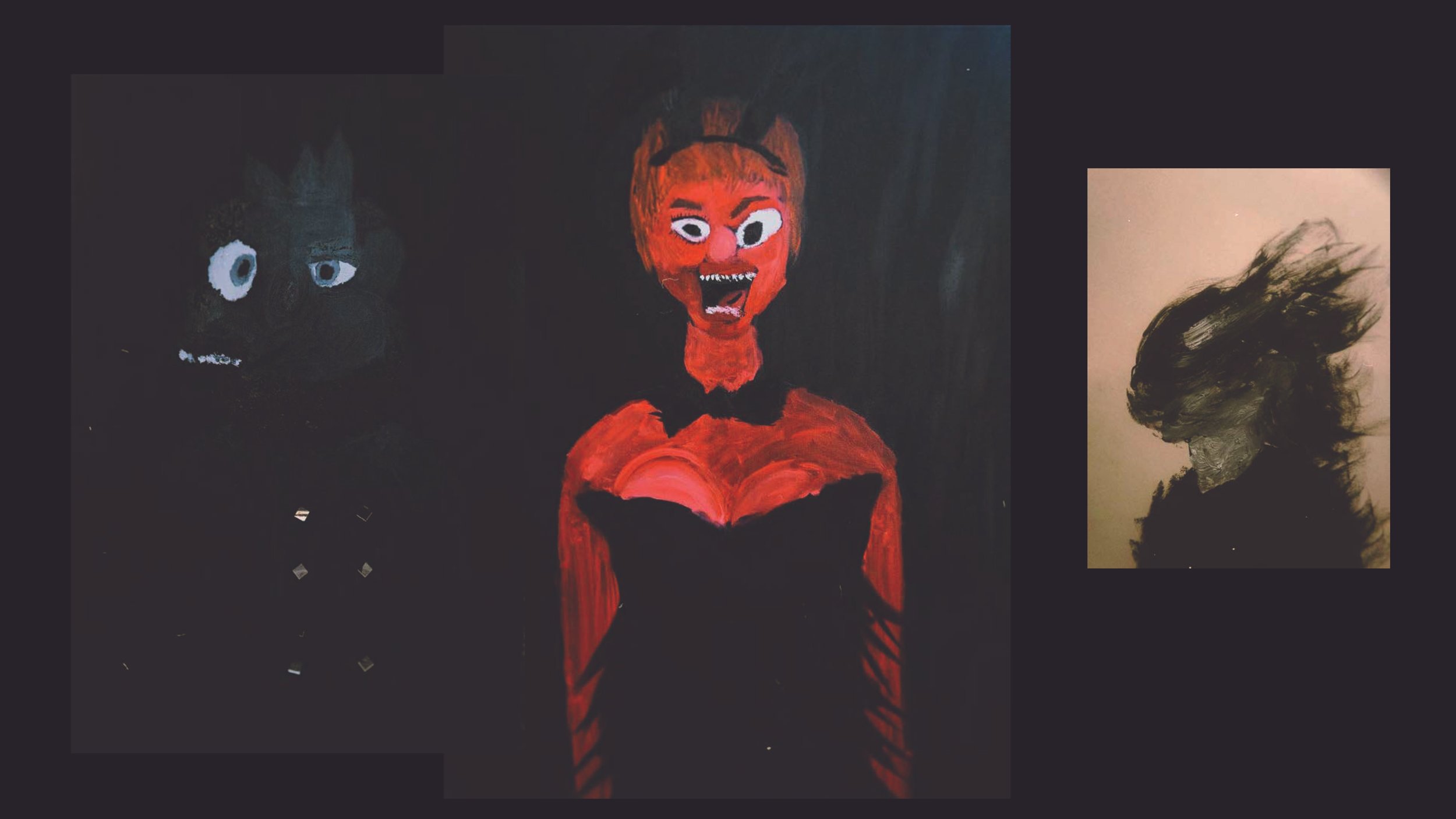 A dark painting of three figures: a black figure with wide eyes on the left, a red figure with sharp teeth and an angry expression in the center, and a silhouette with flowing hair on the right.
