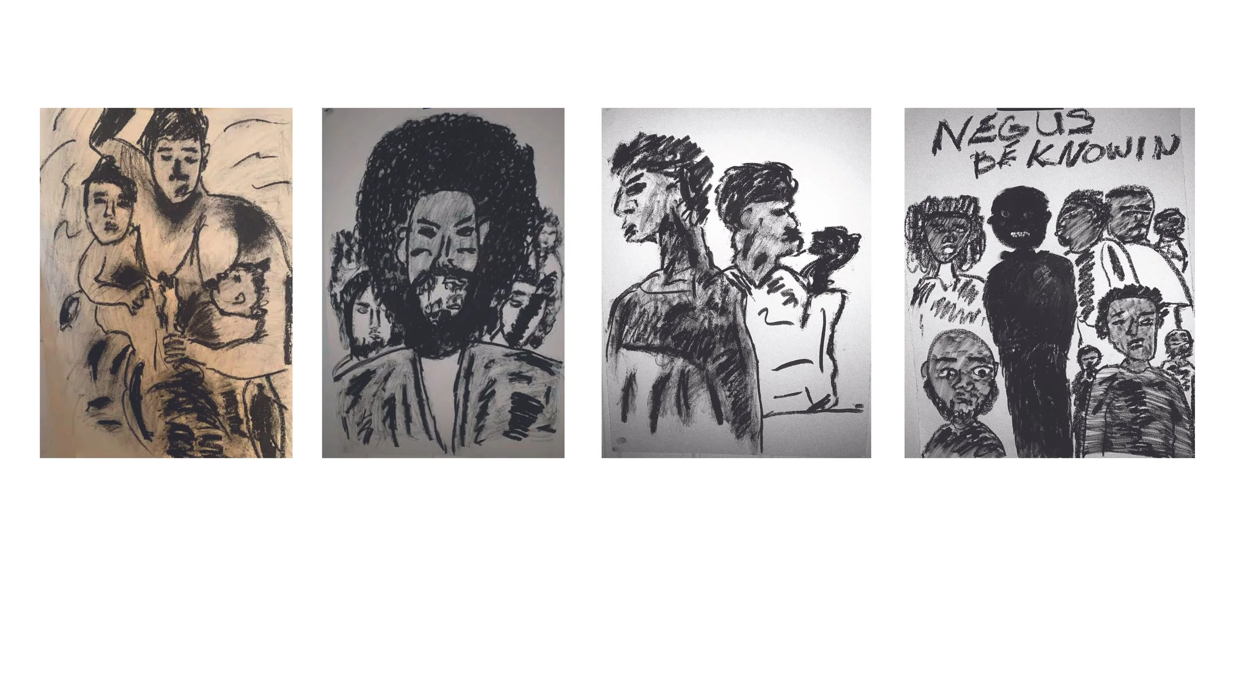 Series of four black and white sketches depicting various people in different poses and expressions, some with detailed hair and facial features, and one with handwritten text saying 'Negus Be Known'.