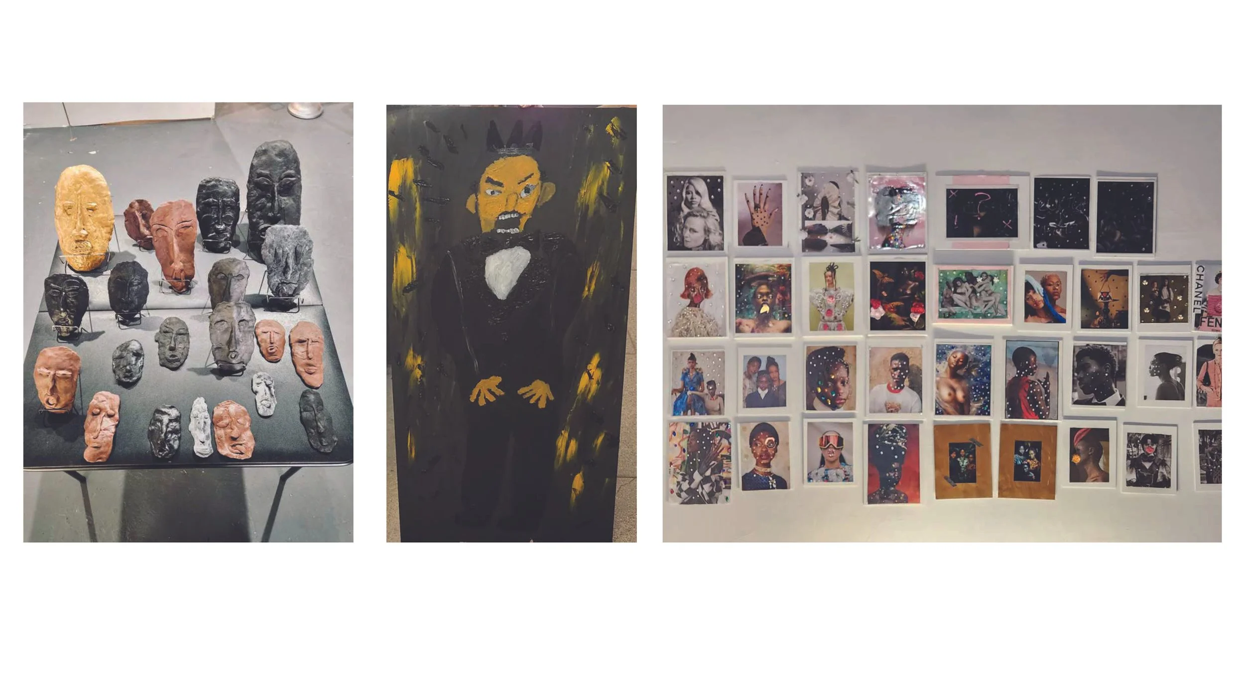Art exhibit featuring a collection of clay busts and masks on a table, a painting of a man in a tuxedo with expressive facial features, and a wall decorated with numerous colorful photographs and artwork.