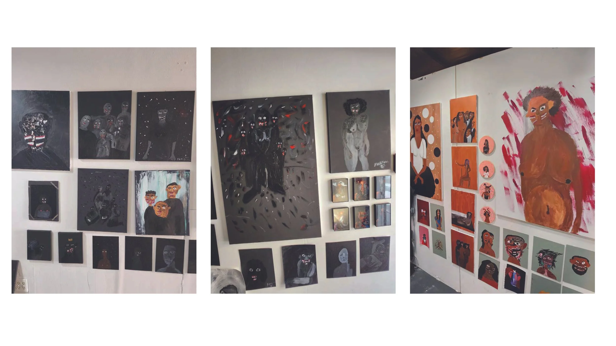 Gallery wall displays various paintings of diverse portraits, featuring expressive and colorful styles, arranged in a triptych format.