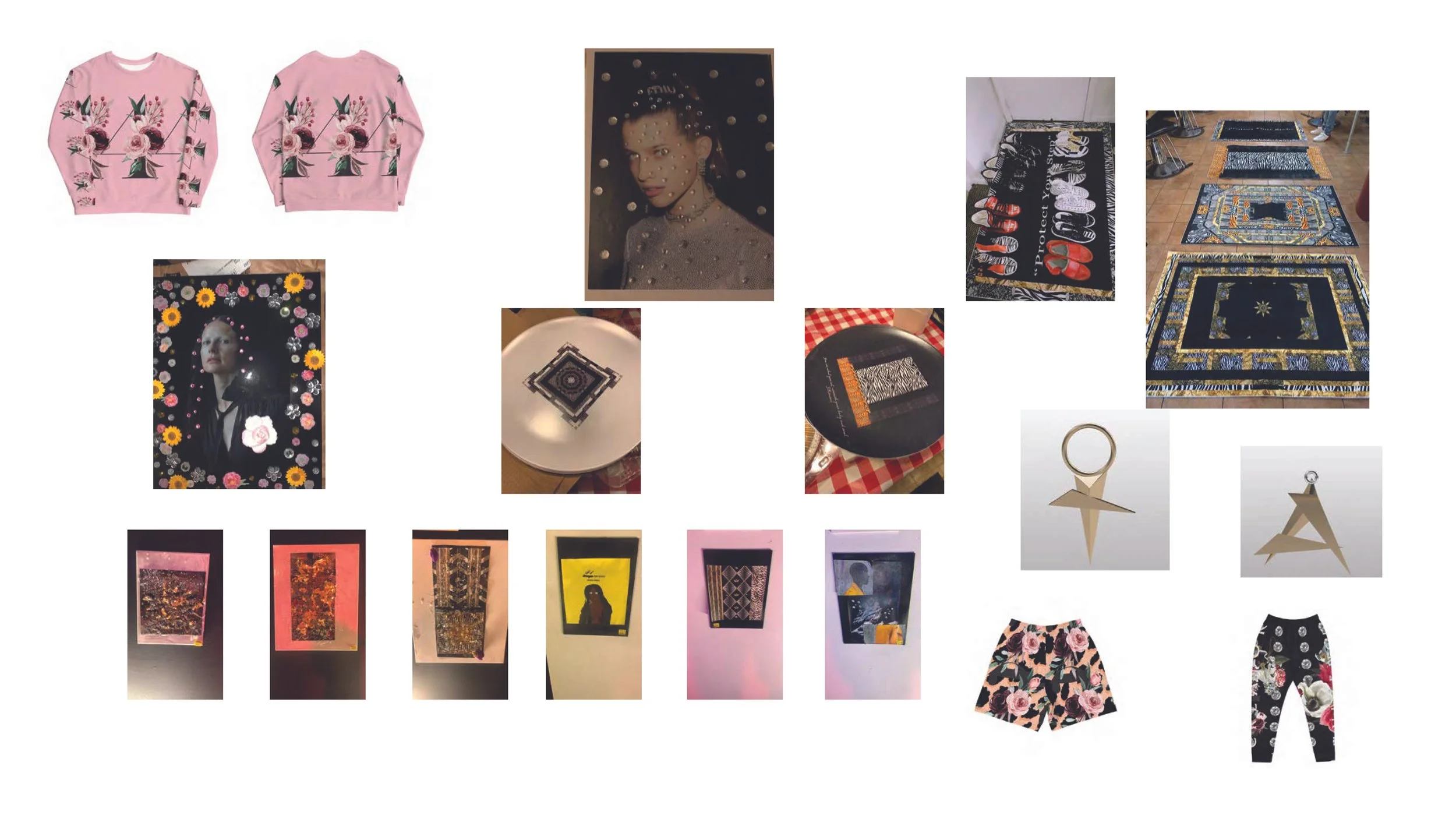 Collection of various clothing, artworks, and decorative items, including pink floral sweatshirts, framed art pieces, decorated rugs, jewelry, and small decorative objects displayed on a white background.