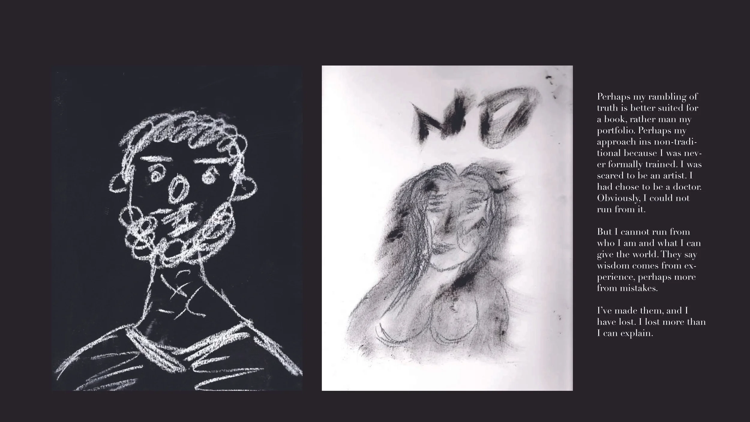 Two abstract sketches of women, one in white on a black background and another in black on white, accompanied by a paragraph of text expressing personal reflection on art and experience.