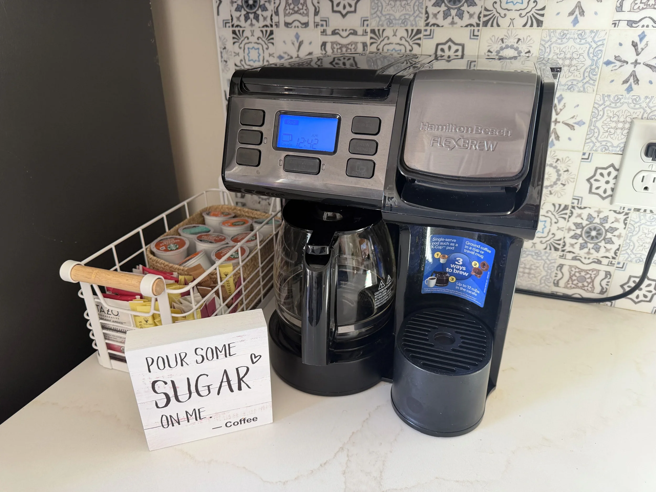 Coffee station with drip & Keurig.
Starter coffee, sweeteners & creamer.