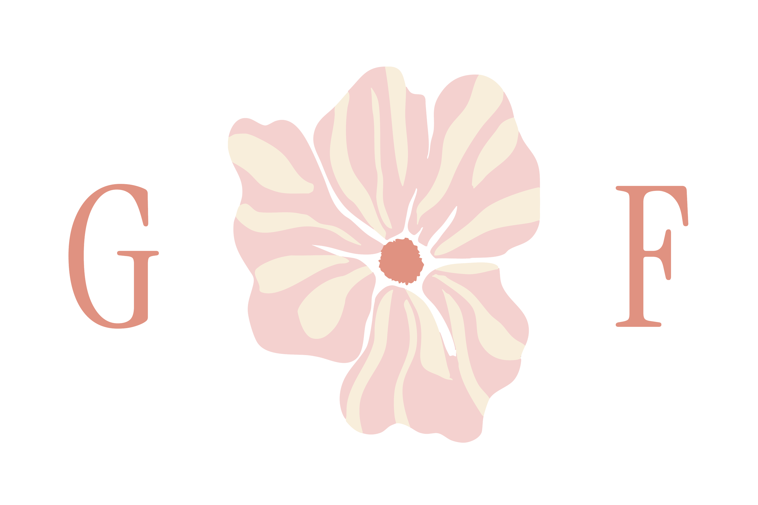 The image features the initials 'GF' with a large pink and cream flower on a black background.