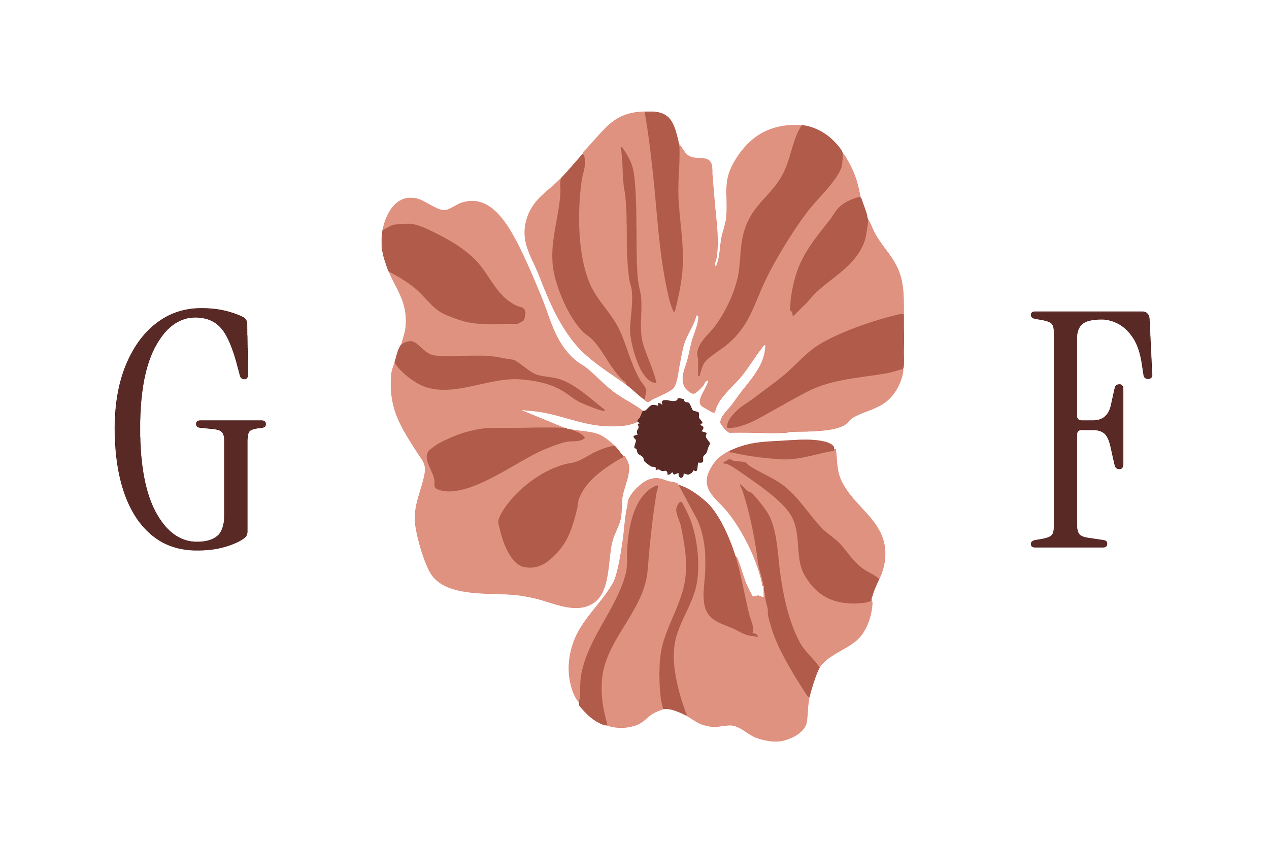 Text that says 'GF' with a stylized flower in pink and brown tones between the words.