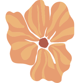 A stylized illustration of a peach-colored flower with a dark center and multiple petals.