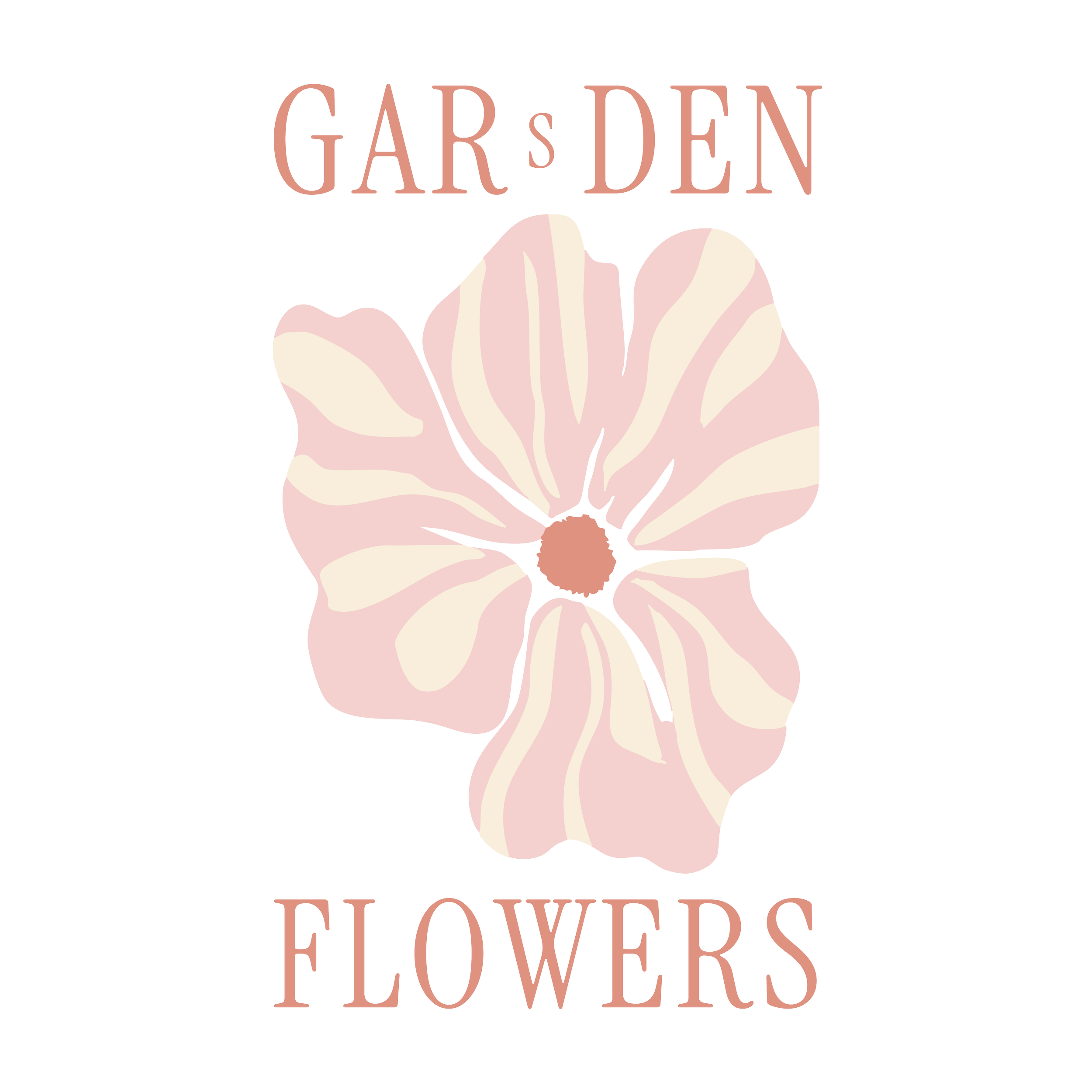 Text reads 'GARsDEN FLOWERS' above a stylized illustration of a flower with pink and cream-colored petals.