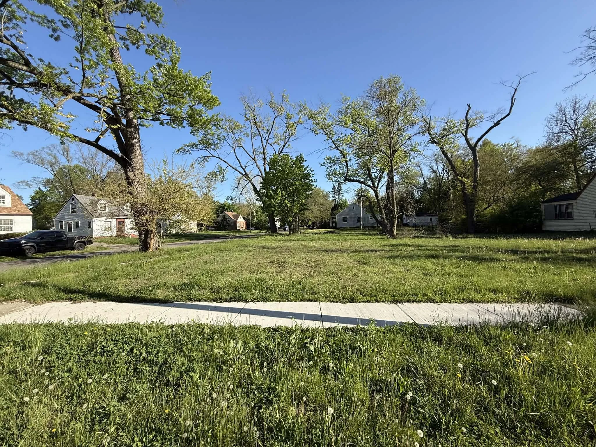 A grassy yard with a sidewalk in the foreground and trees and houses in the background under a clear blue sky.