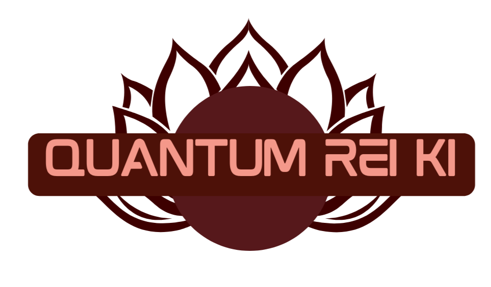 Logo with stylized lotus flower behind a central circle and the text 'QUANTUM REIKI' in pink on a brown bar