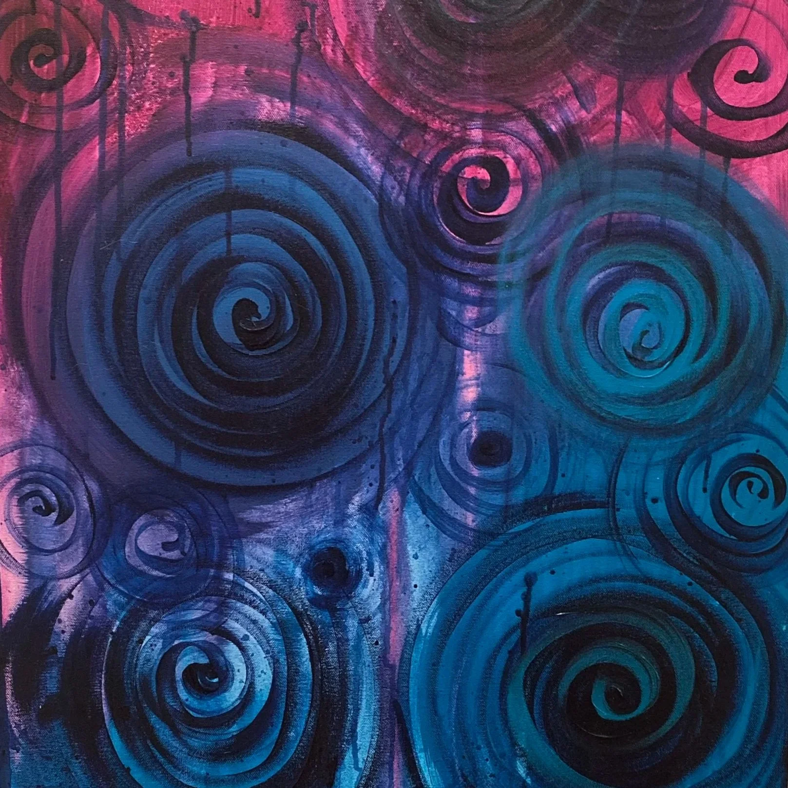 "From There to Here"
This is what the journey looks like.
At the top — raw magenta, dark and urgent, spirals tangled and heavy, paint dripping down like something that couldn't be held back any longer. The kind of feeling that takes over before you h
