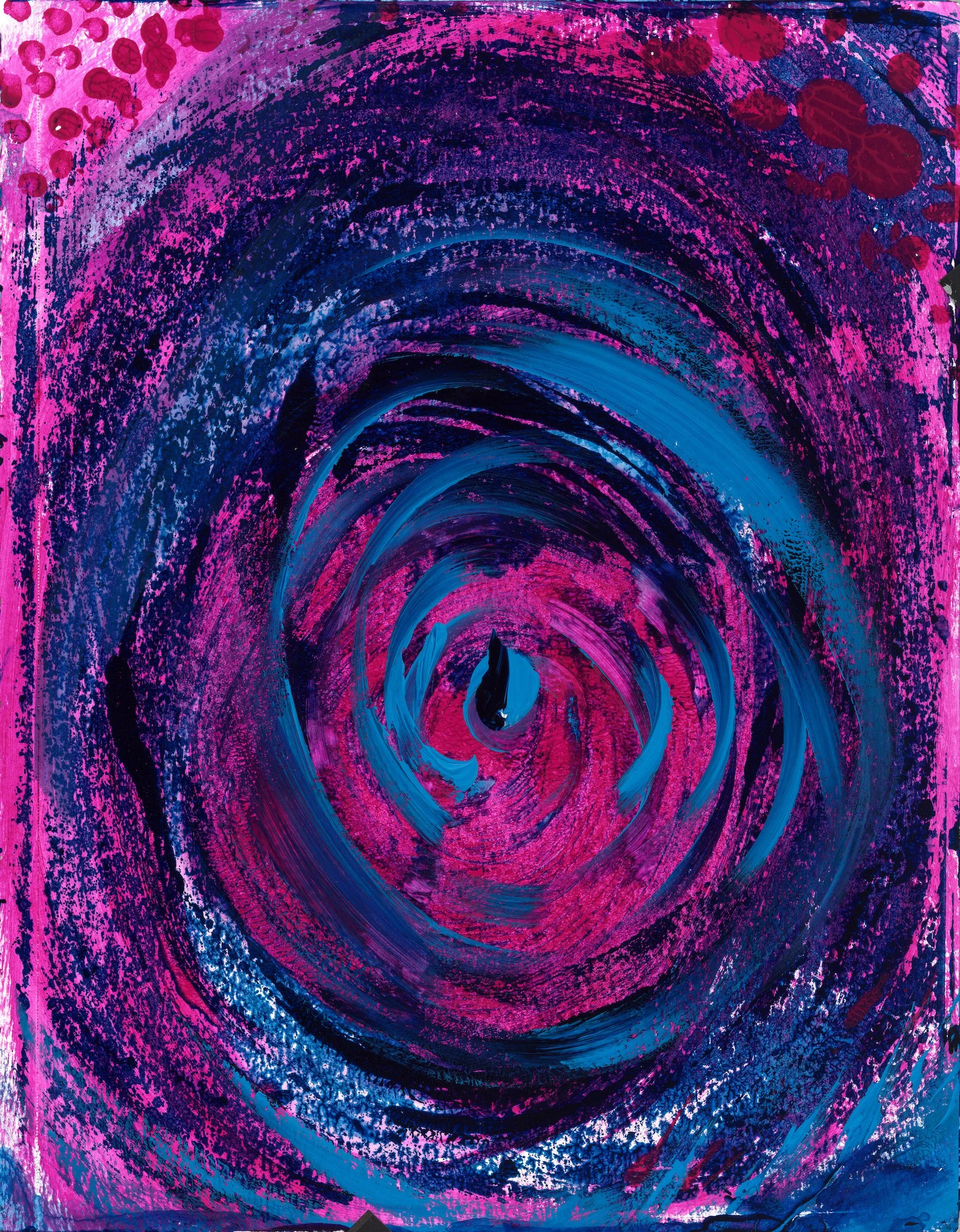 Abstract painting with swirling patterns in pink, purple, and blue colors.