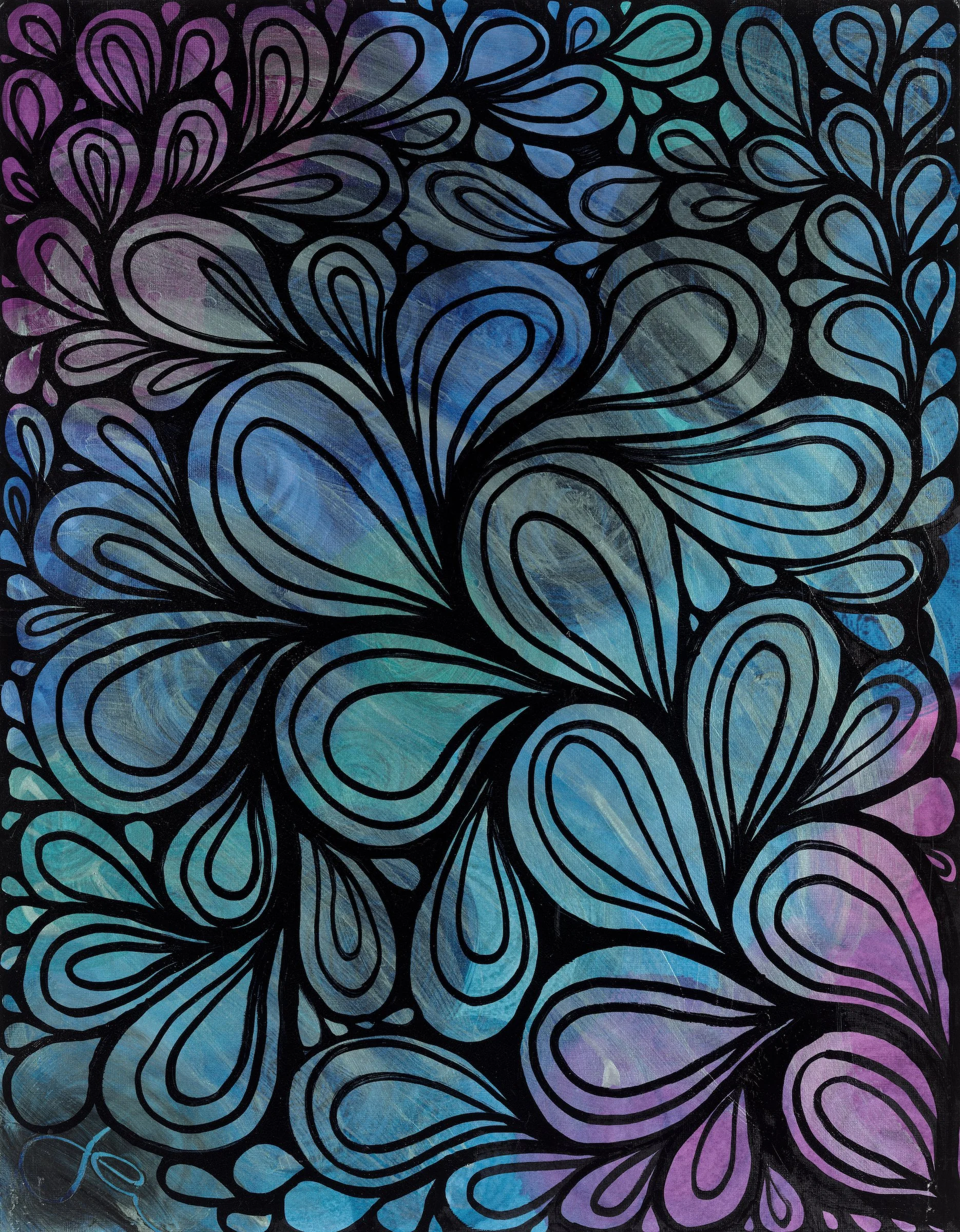 Abstract painting featuring black outlines of teardrop shapes filled with shades of blue, purple, and teal.