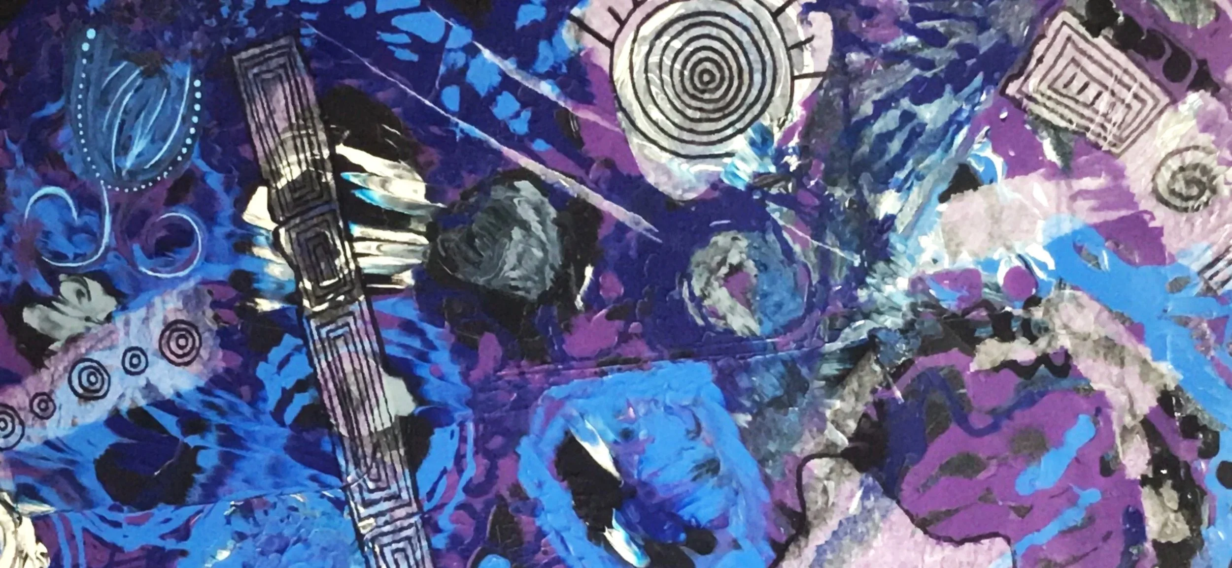Abstract artwork with blue, purple, black, gray, and white colors, featuring circular, spiral, and linear patterns.