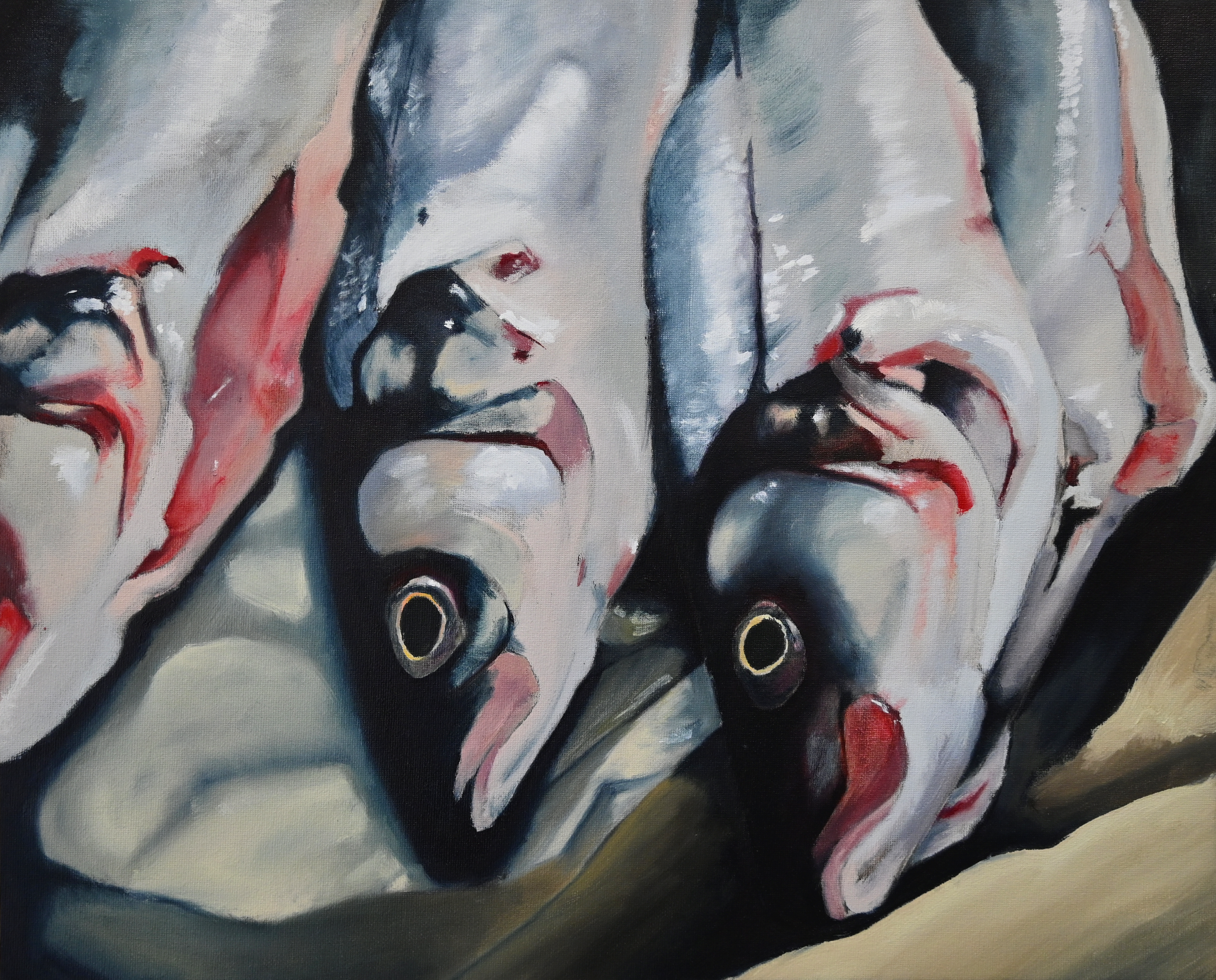 "Still Life of Four Fish" 2026, Oil on Canvas