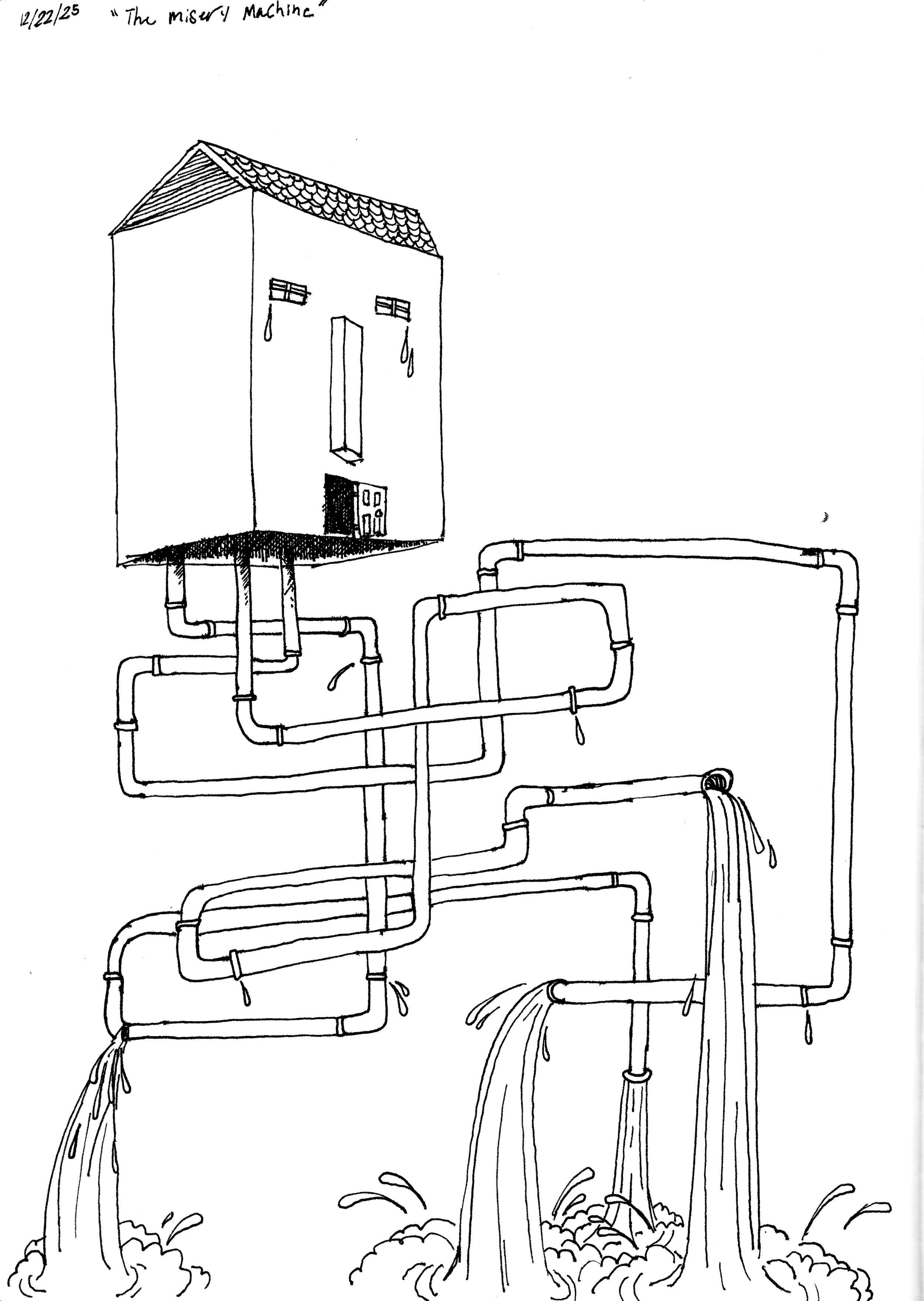 "The Misery Machine" 2025, Pen & Ink on Paper