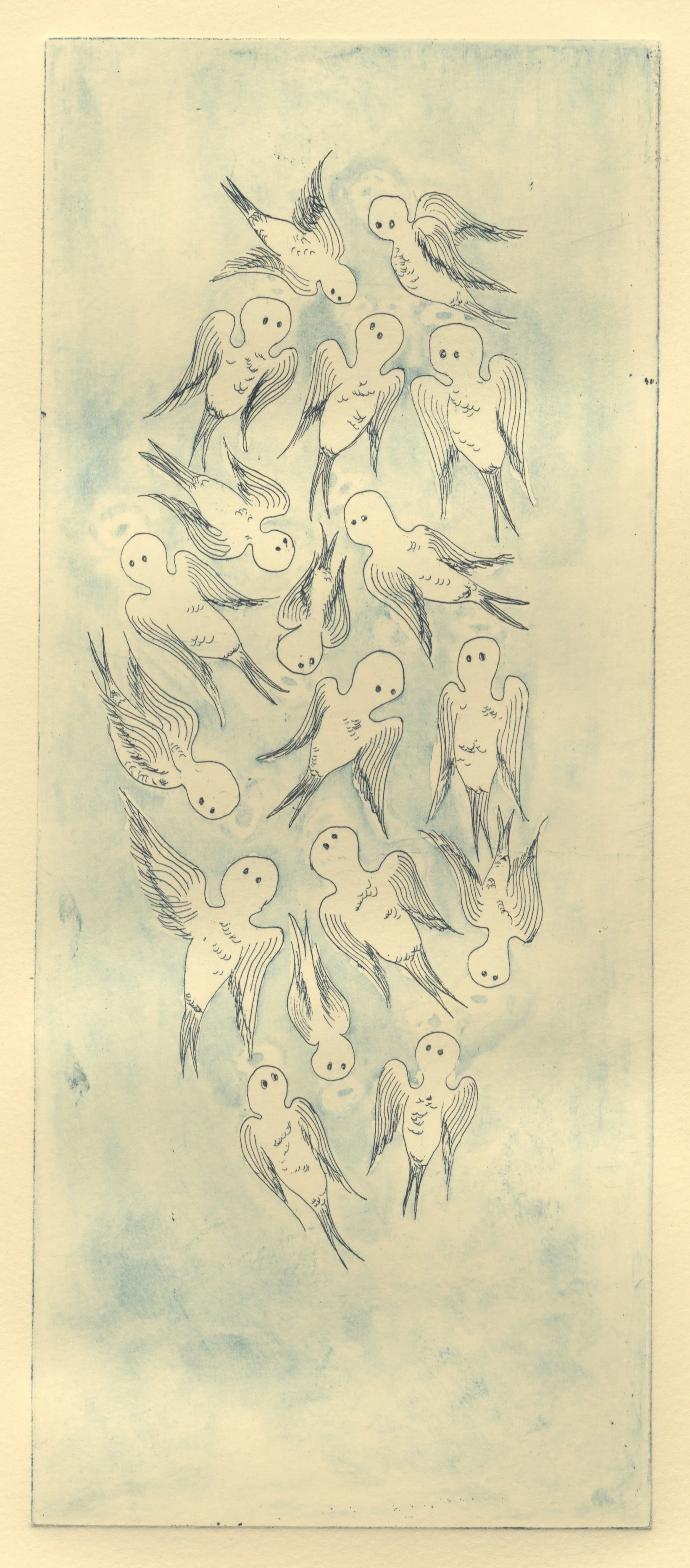 " A Flock of Angels" 2024, Copperplate Etching 
(Published in "Sideline Magazine" Spring 2026)