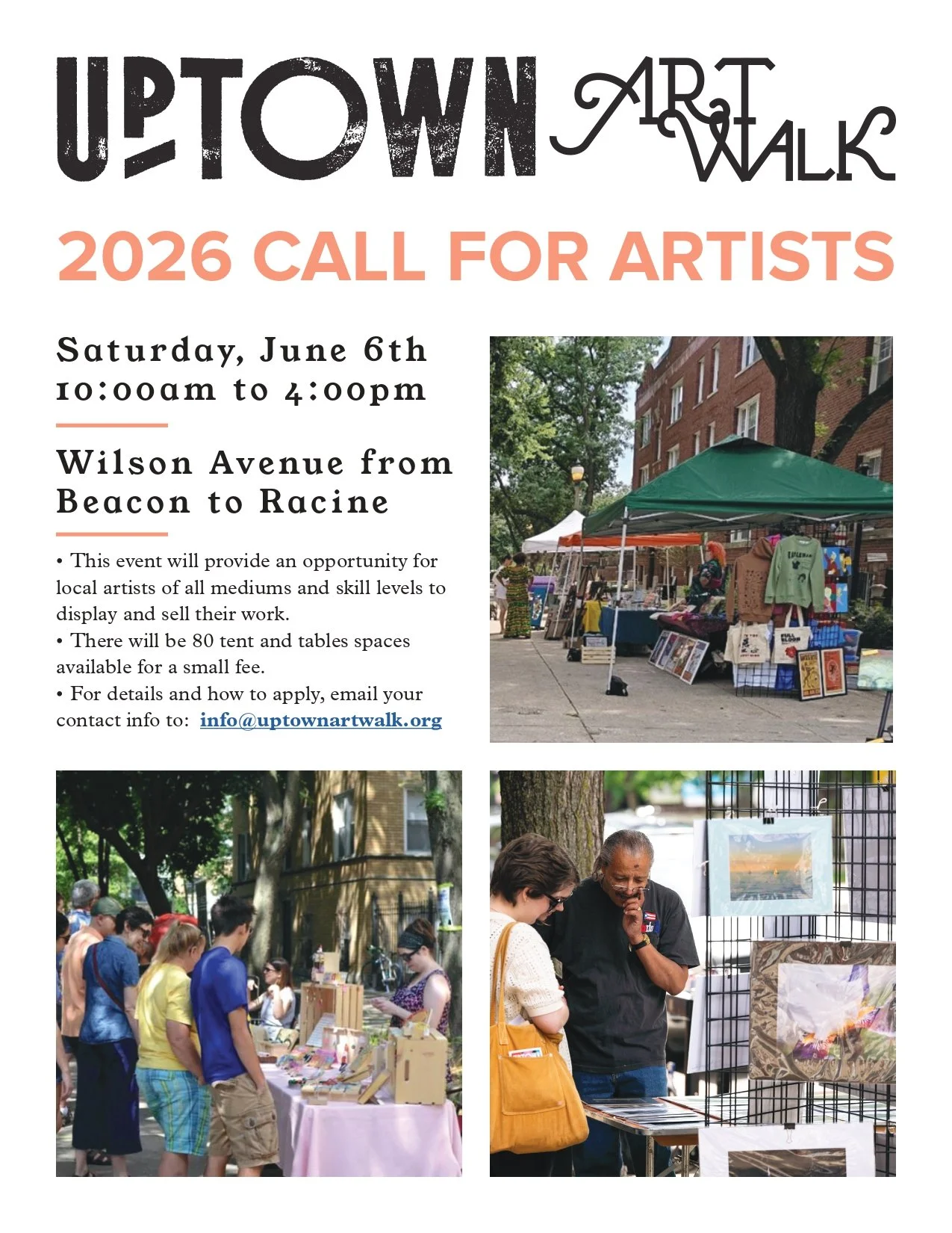 Informational flyer for the 2026 Uptown Art Walk Call for Artists