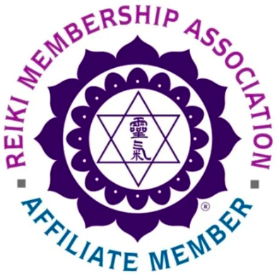 Reiki Membership Association Affiliate Member logo with a purple lotus flower and a Star of David surrounding a Kanji symbol.