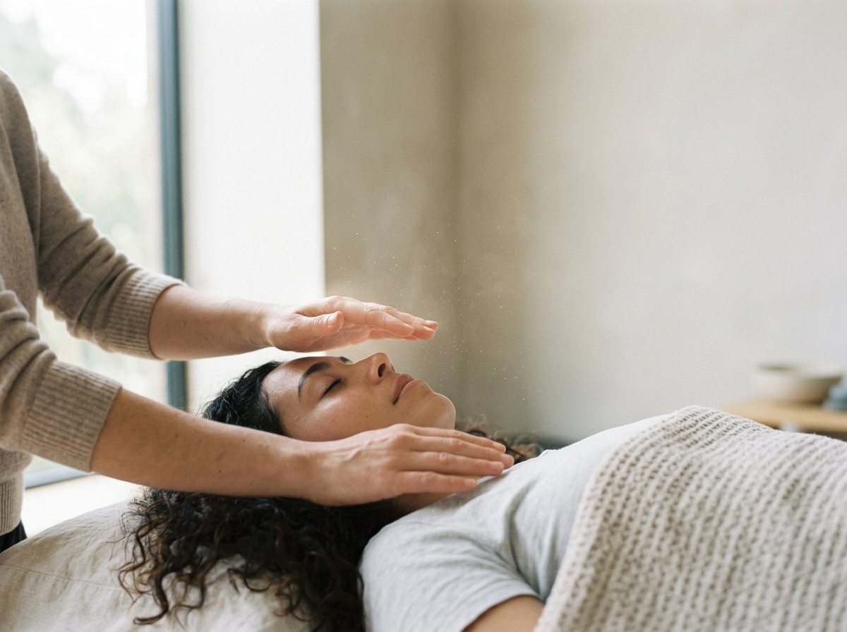 A woman lying down receiving a gentle head and forehead massage or healing treatment from another person in a bright room.