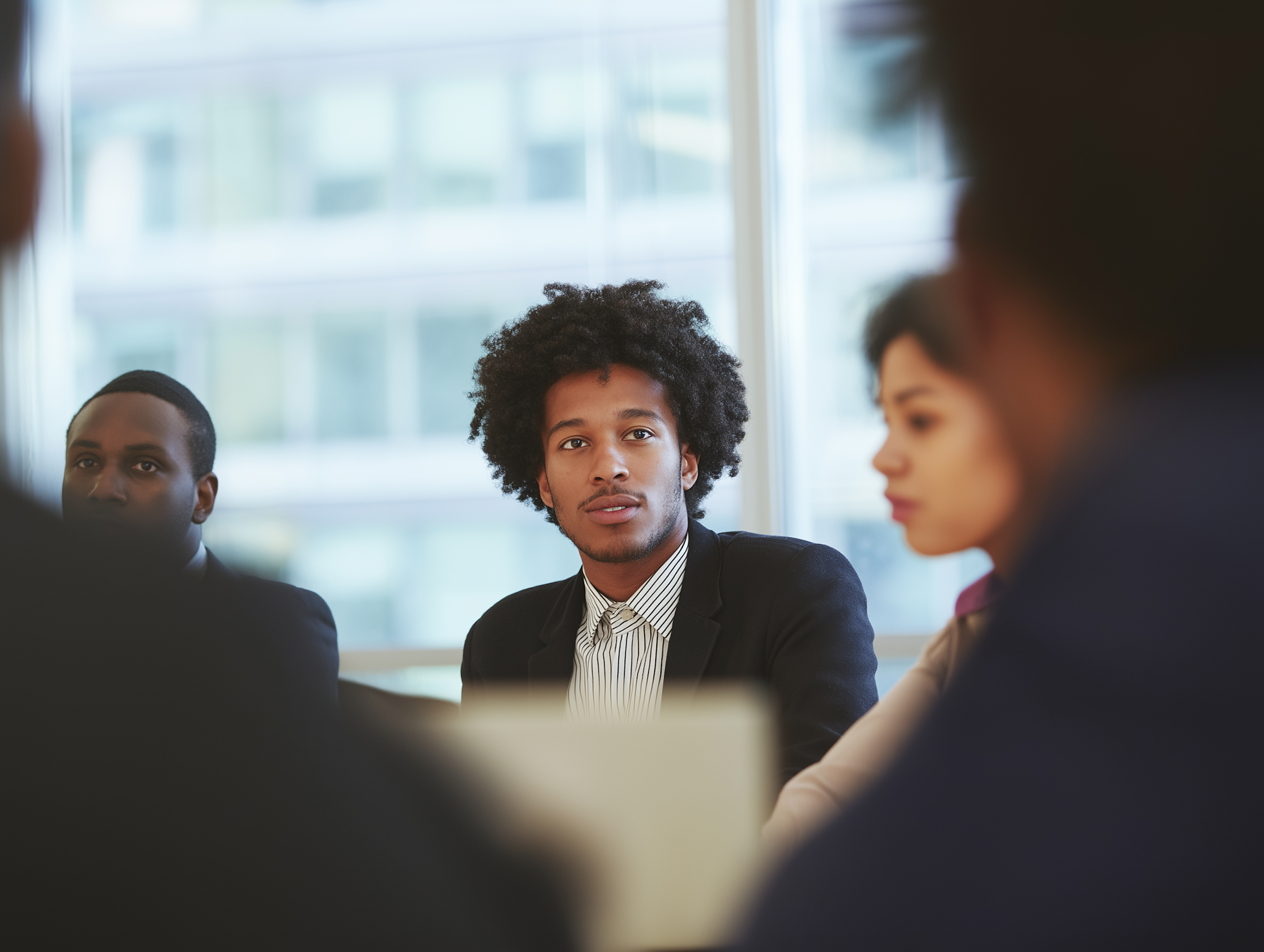 A group of diverse young professionals in a business meeting in a modern office, with one man in focus looking attentive.