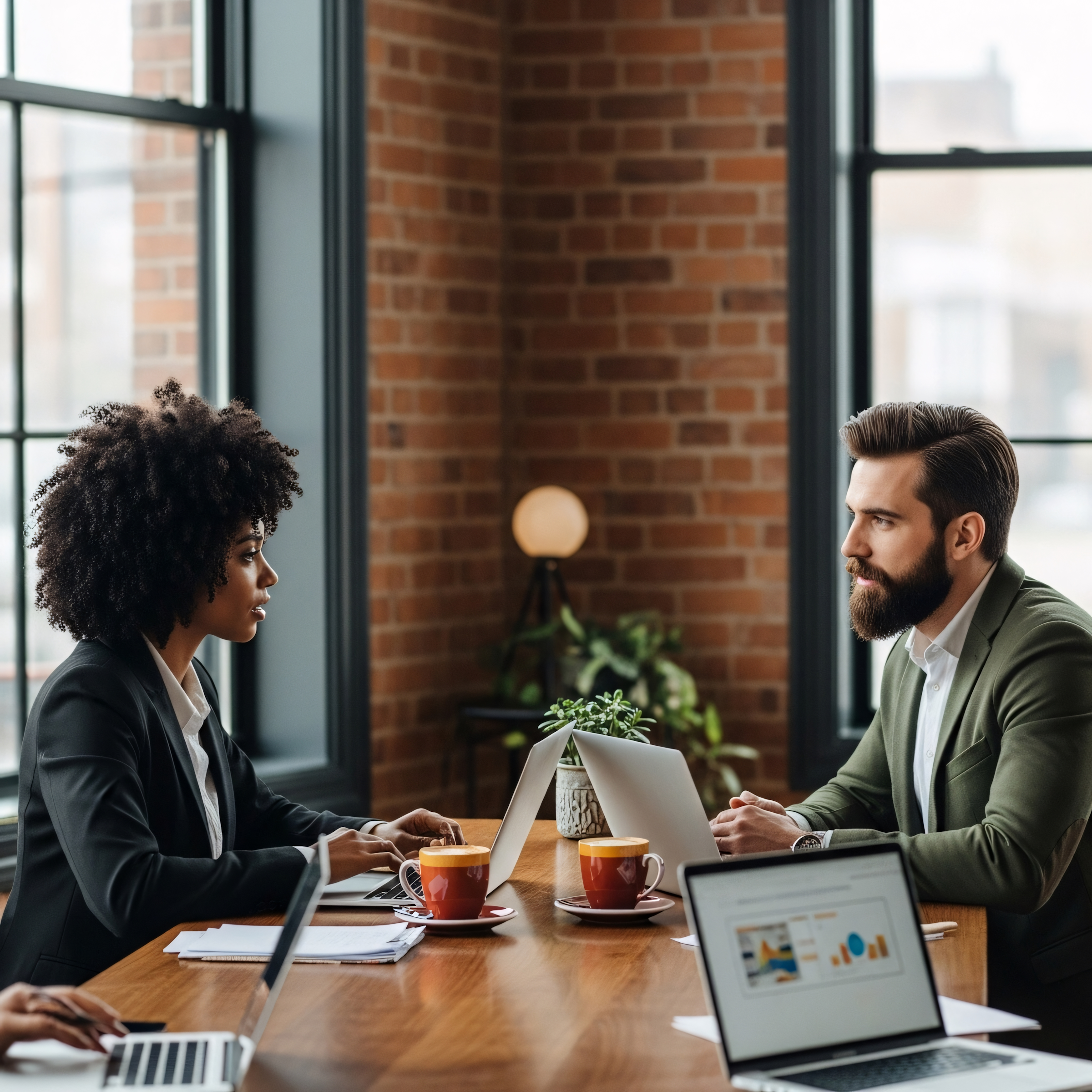 Business meeting between a woman with curly hair and a man with a beard inside a modern office with exposed brick walls, large windows, and laptops on the table.