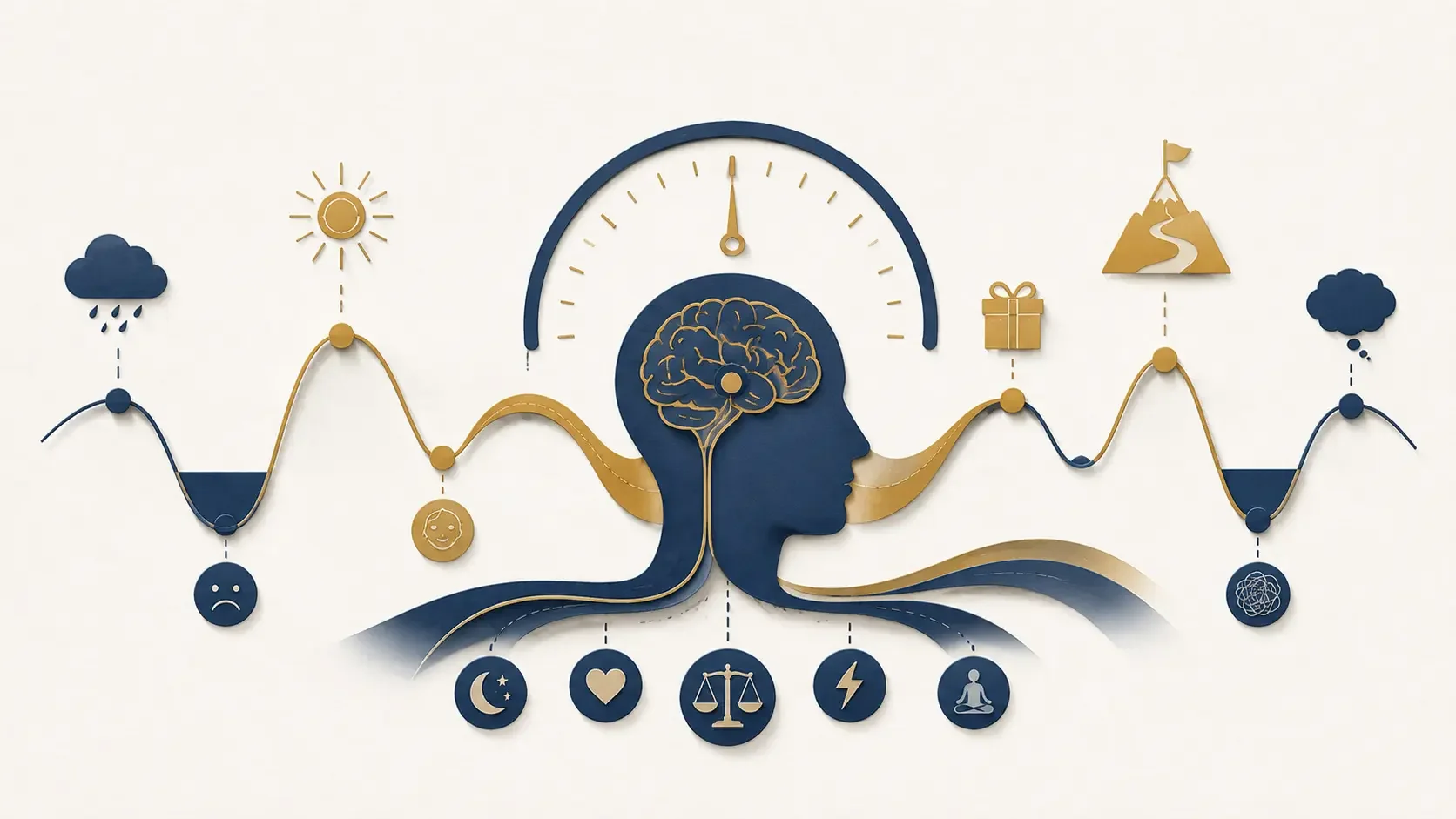 Illustration of a brain with rising and falling motivation signals, showing how reward, expectation, emotion and effort shape changes in motivation