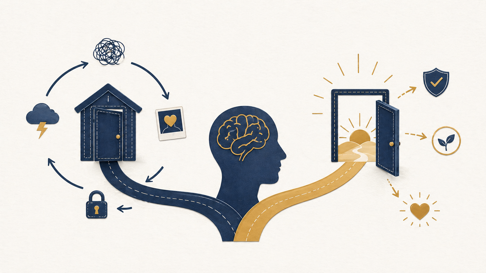 Illustration of a head with a brain at the centre of two paths, one leading back to a familiar dark doorway and the other towards a bright open path, representing familiar pain versus healthy change