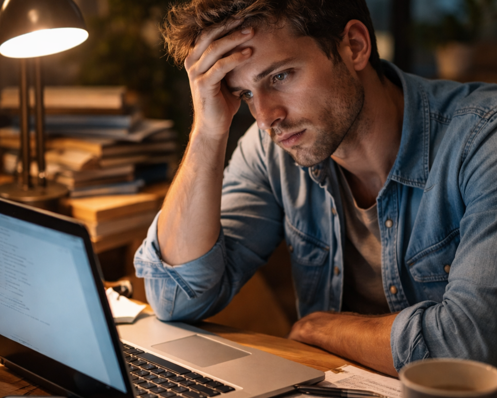 Adult man sitting at a desk at night struggling to begin work on his laptop, symbolising ADHD paralysis and task initiation difficulties.