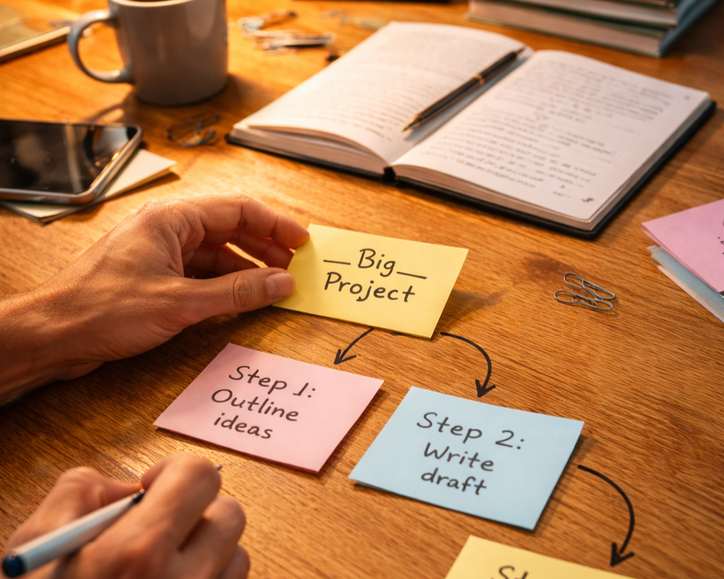 Breaking a big project into small steps using sticky notes, representing a practical strategy for overcoming ADHD paralysis.