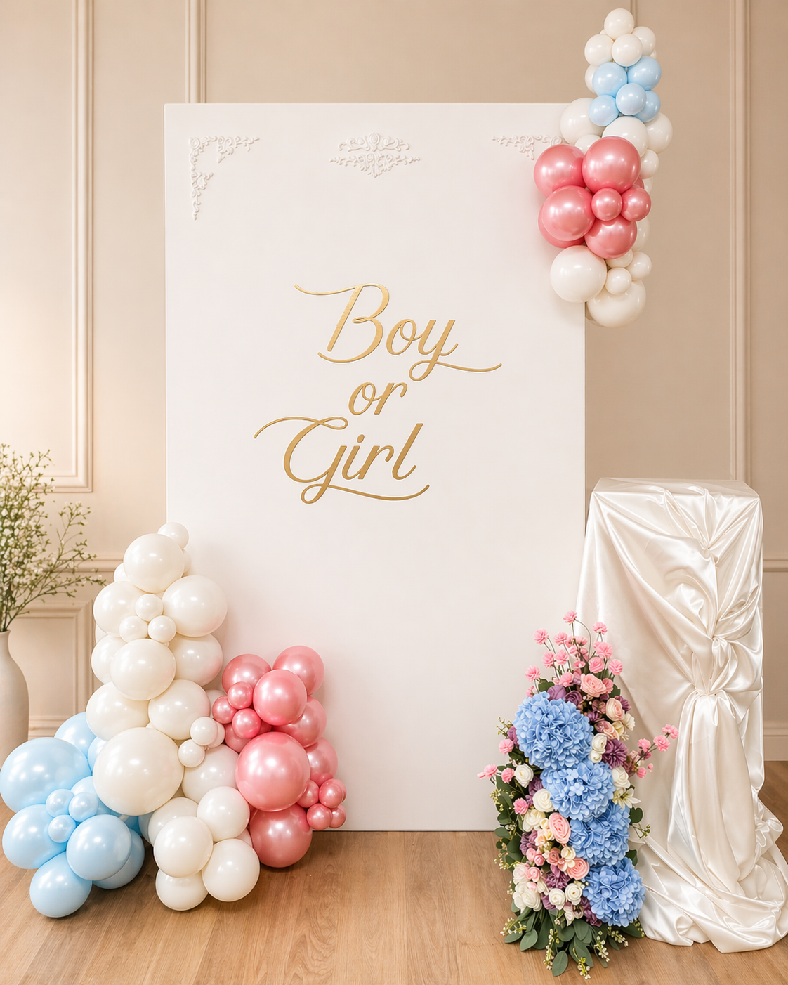 Decorative display with a white board reading 'Boy or Girl' in gold script, surrounded by pastel-colored balloons and a floral arrangement with pink, blue, and white flowers at a gender reveal event.