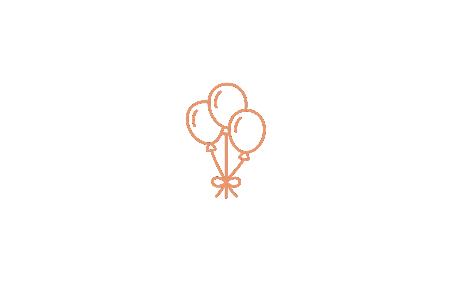 Neon outline of three balloons tied with a bow, glowing in pink/orange against a blurred background.