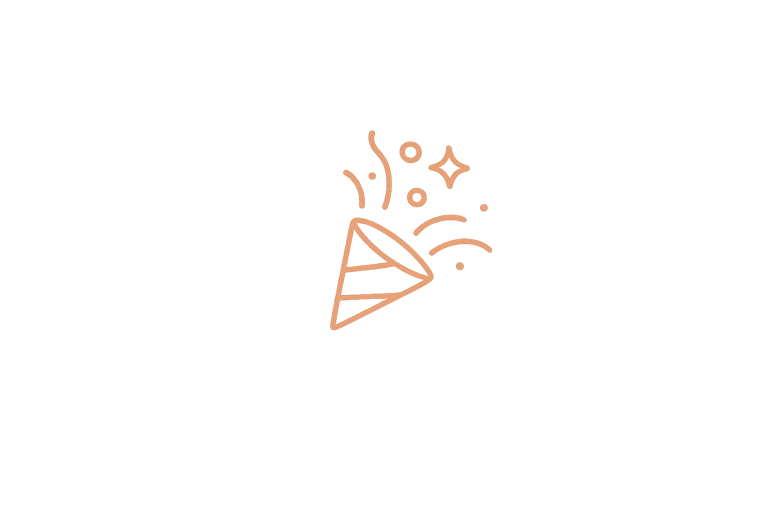 A minimalist line drawing of a party popper releasing confetti and sparkles on a black background.