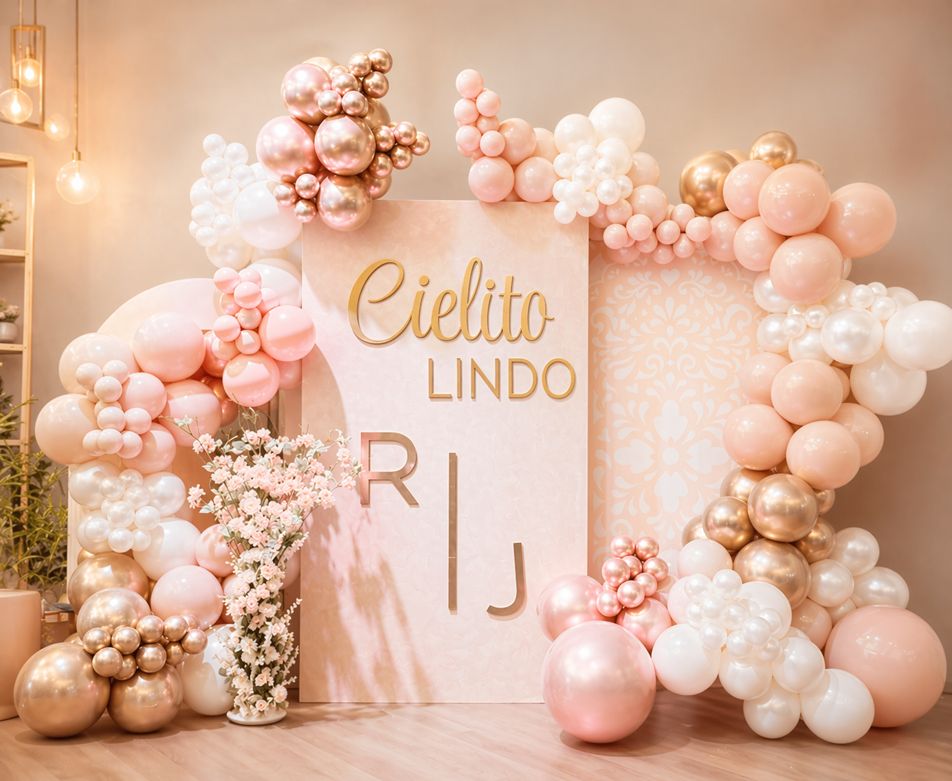 Decorative backdrop with pink, white, and gold balloons surrounding a pink and white patterned panel with gold text that reads 'Cielito Lindo' and the initials 'R' and 'J'. There is a vase with pink flowers in front of the backdrop.