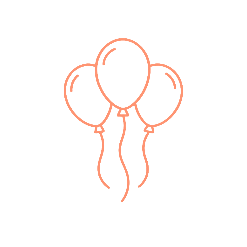 Neon outline of three balloons, with two on the sides and one in the center.