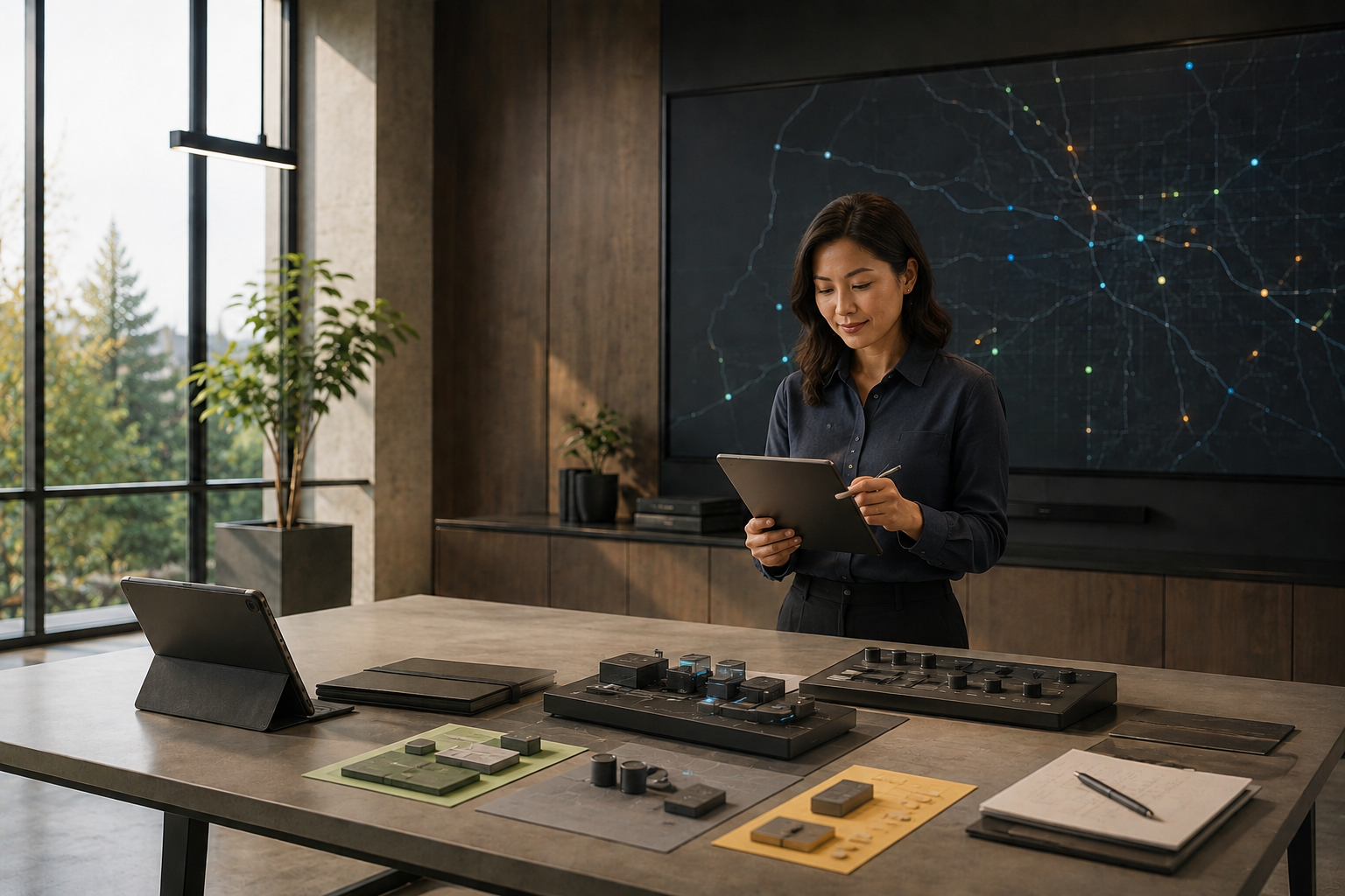 Concept visualization of an operations lead reviewing AI-supported fleet readiness with a tablet, route map, and planning controls.