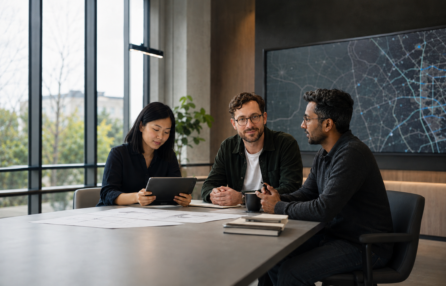 Concept visualization of a diverse operations team reviewing fleet plans and route information in a modern workspace.