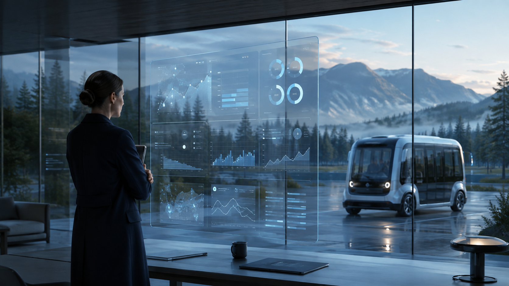 Concept visualization of a human operations lead reviewing AI-supported fleet readiness beside a compact autonomous mobility vehicle in the Pacific Northwest.