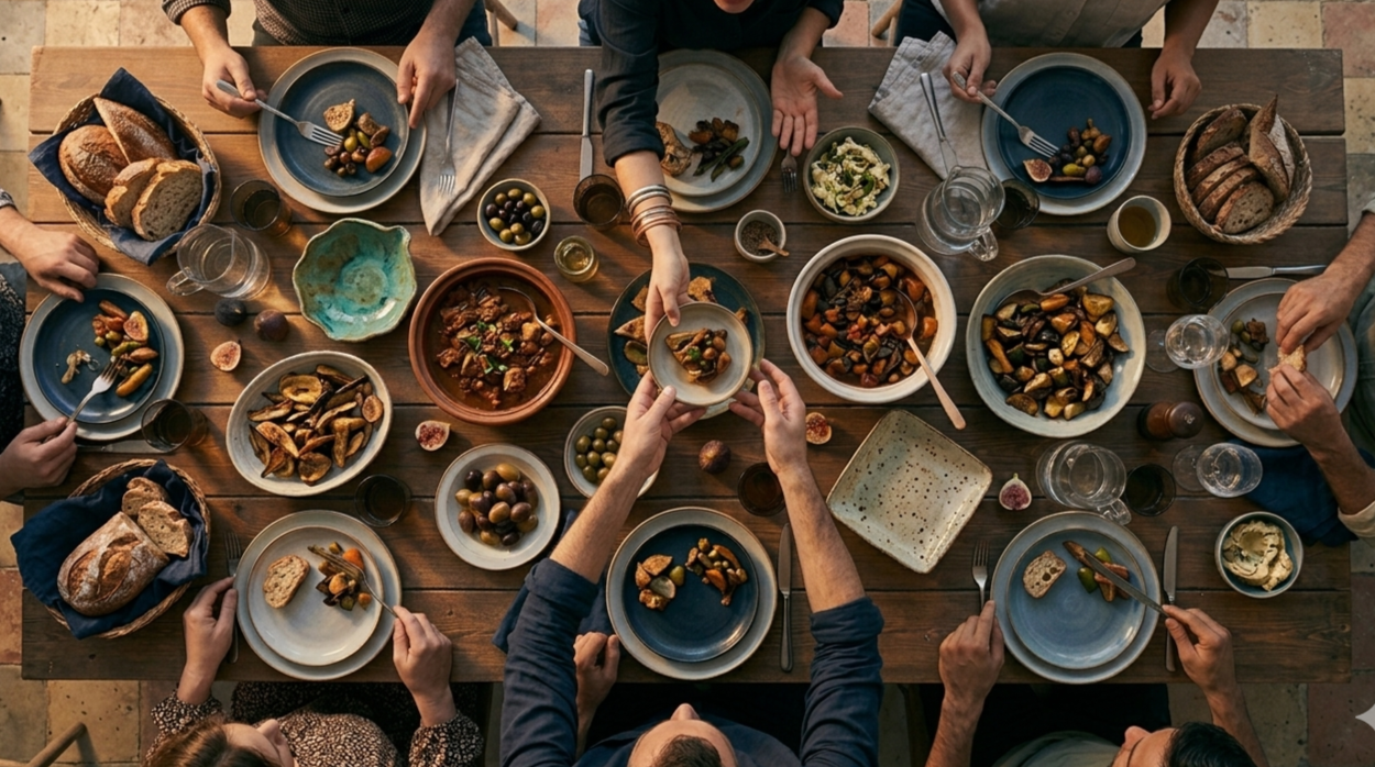 Plates passed hand to hand around a shared table — the original meaning of trapeza, the table where resources circulate and community is fed