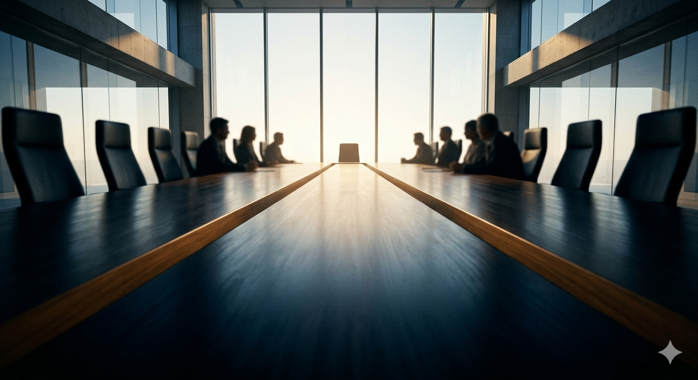 Silhouettes of people sitting at a long conference table in a modern office with large windows, sunlight shining through.
