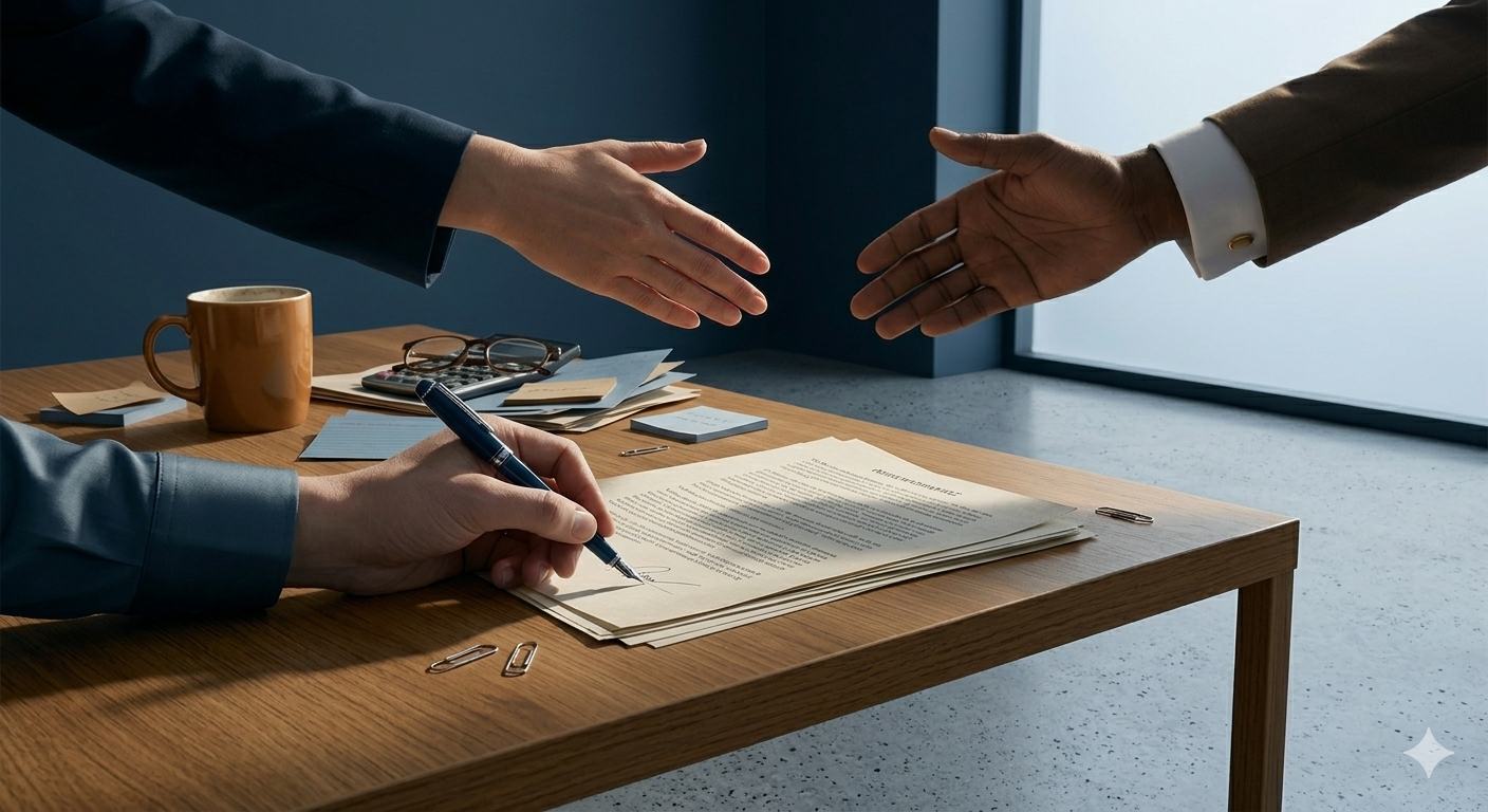 Two people in business suits shaking hands over a wooden desk with documents, a pen, paper clips, glasses, sticky notes, and a coffee mug.