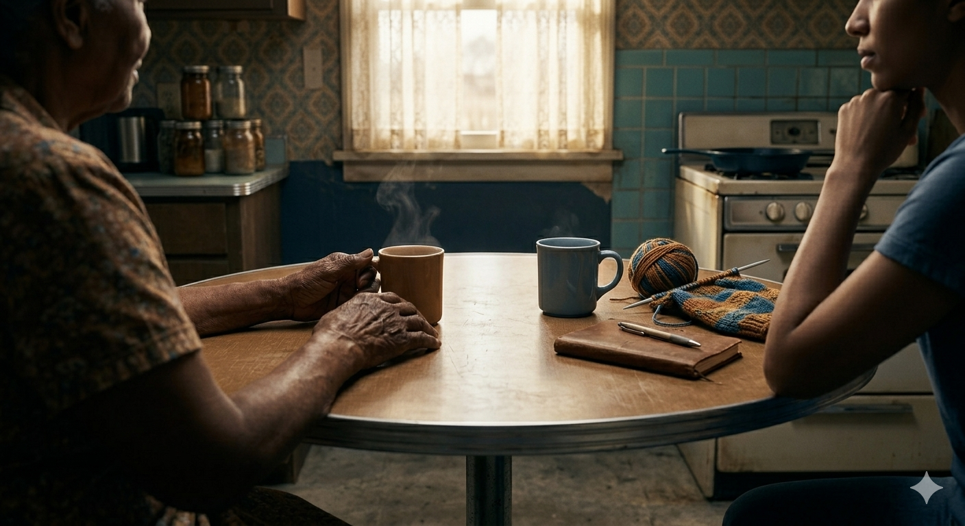 Two generations coming together at a kitchen table — the informal governance structure of most community institutions, where decisions get made before they ever reach the conference room