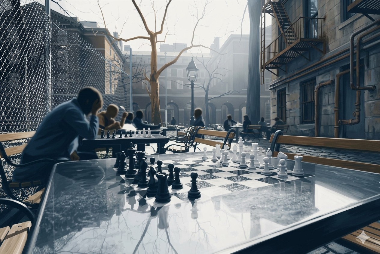 1. Chess table in a park
A stone chess table in a park — strategy made physical, the table as the place where you think several moves ahead