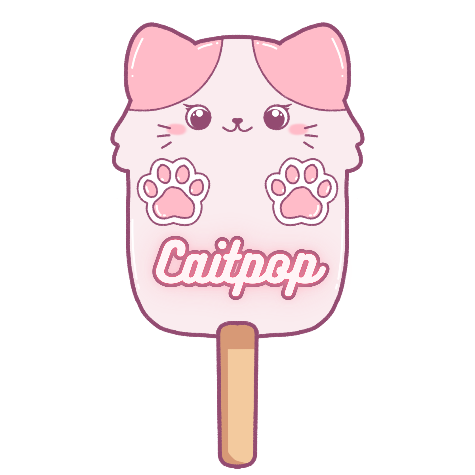 A cute pink cat-shaped ice pop with paw prints, the word 'Caitpop' written on it, and a wooden stick at the bottom.