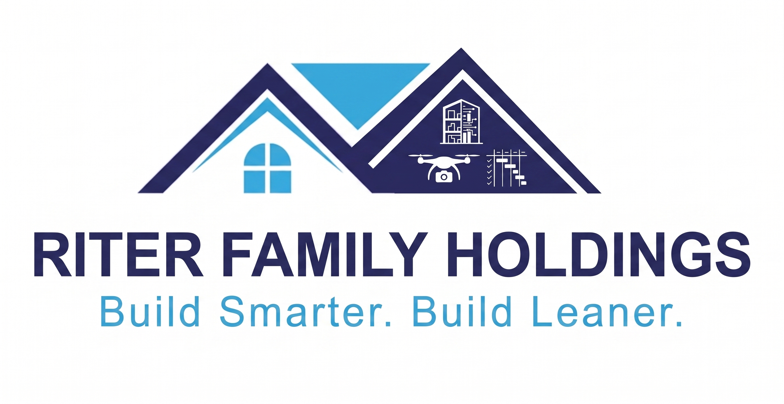 Logo for Riter Family Holdings featuring a stylized house with a roof composed of three overlapping triangles. The house includes a window and icons representing construction and tech. Tagline reads: "Build Smarter. Build Leaner."