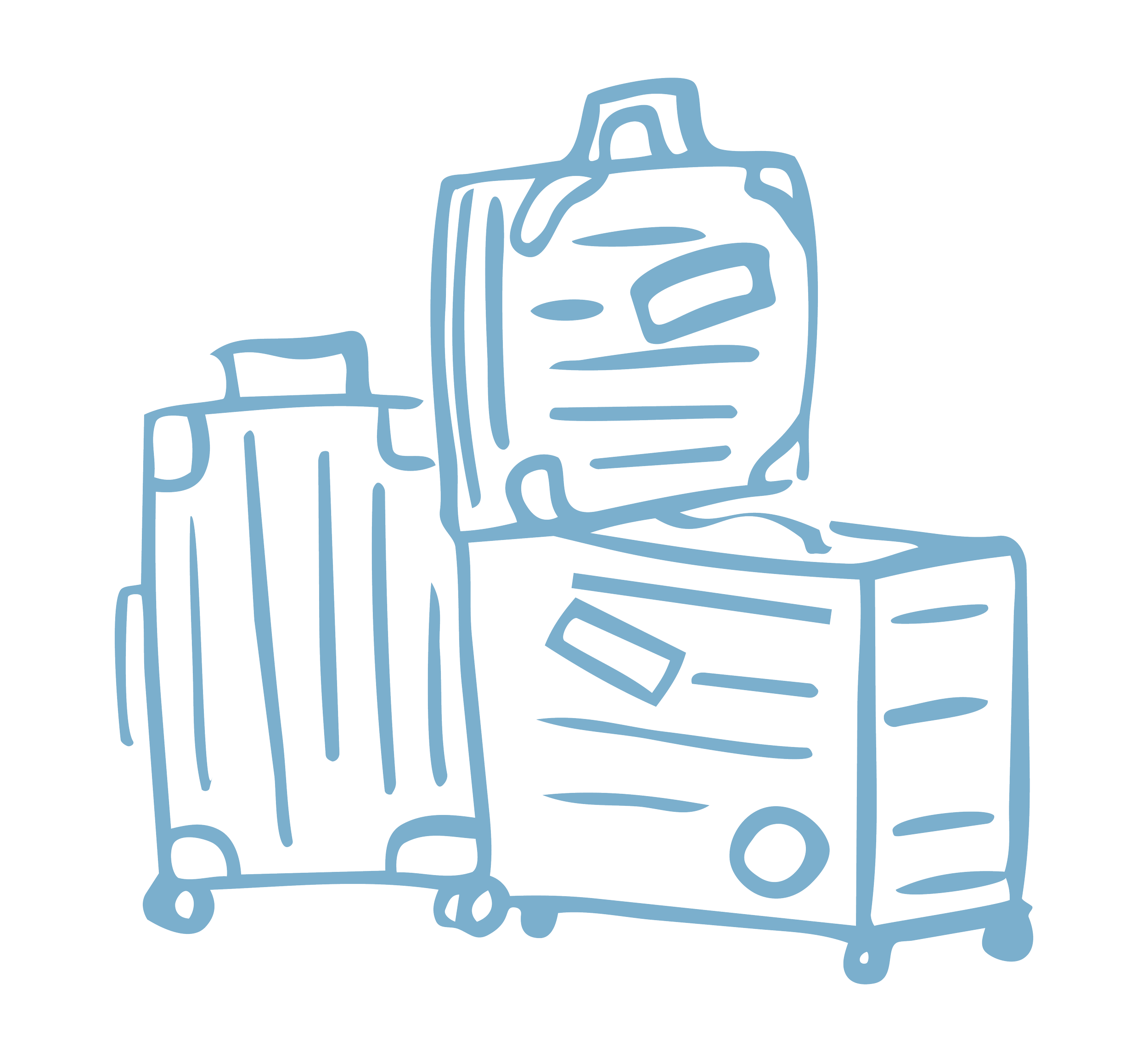 Outline drawing of suitcases stacked on top of each other. Book your dream trip today.