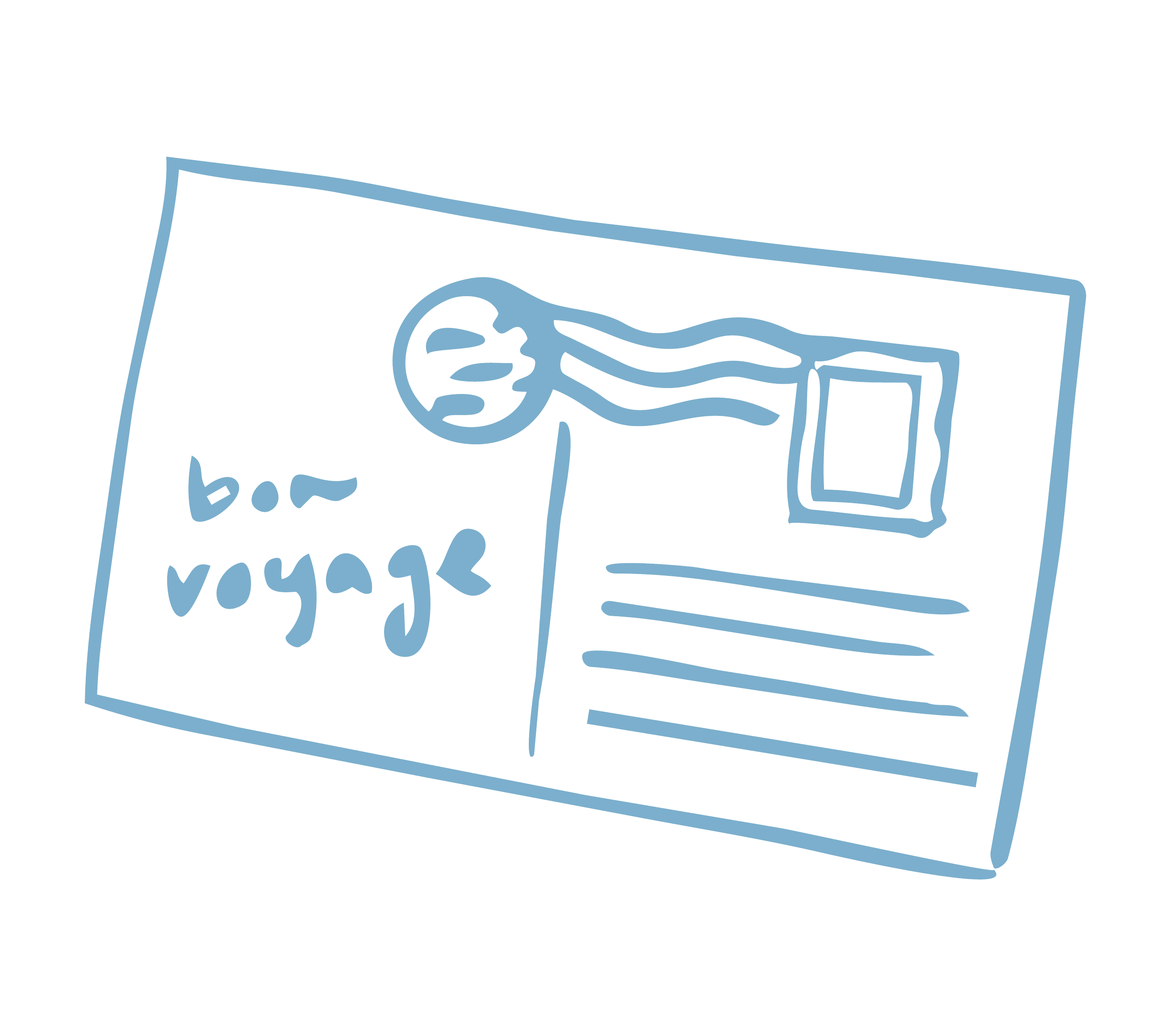 Line drawing of a postcard that says "Bon Voyage!"