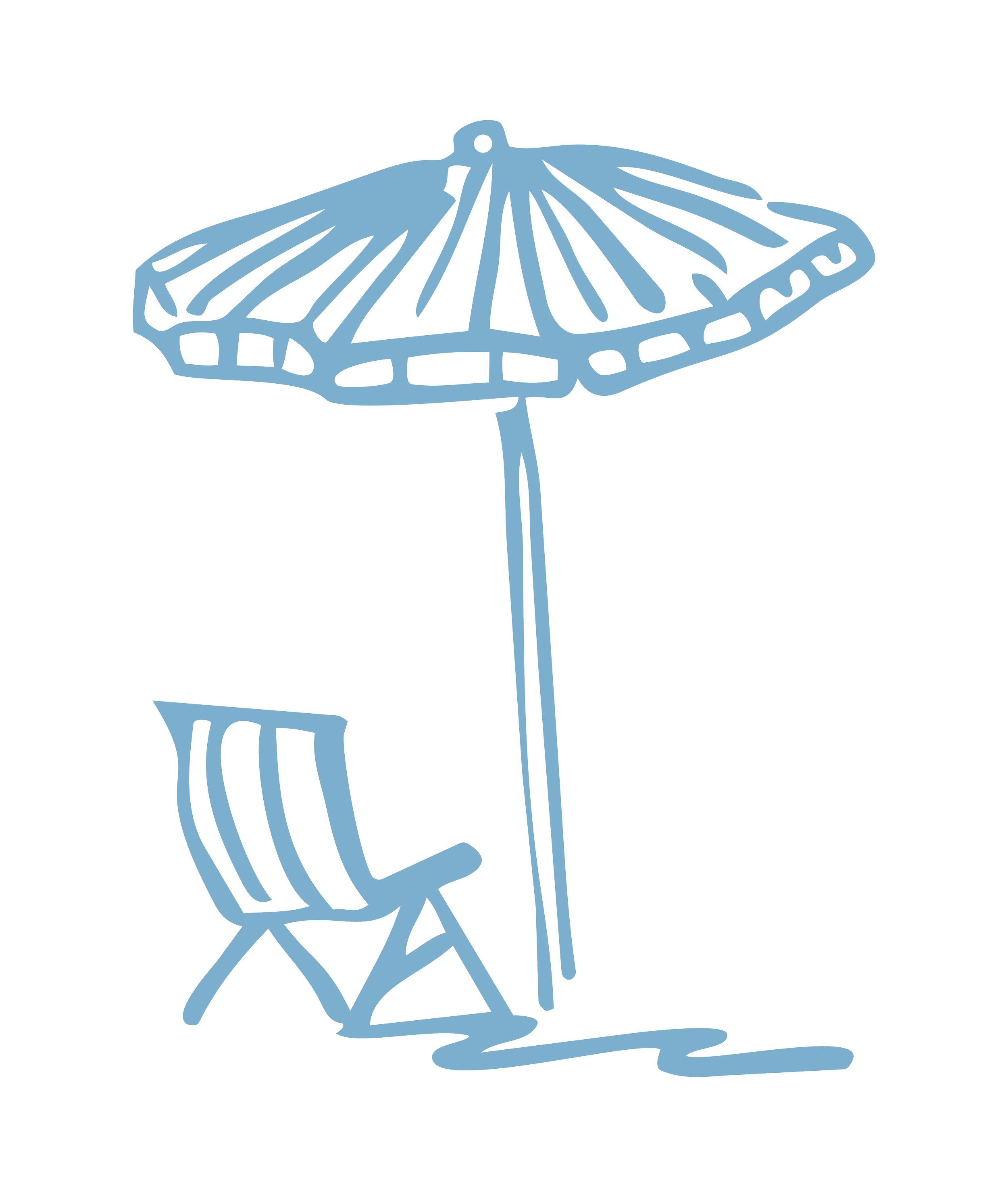 Outline drawing of a beach umbrella and a beach chair with a towel draped over it.